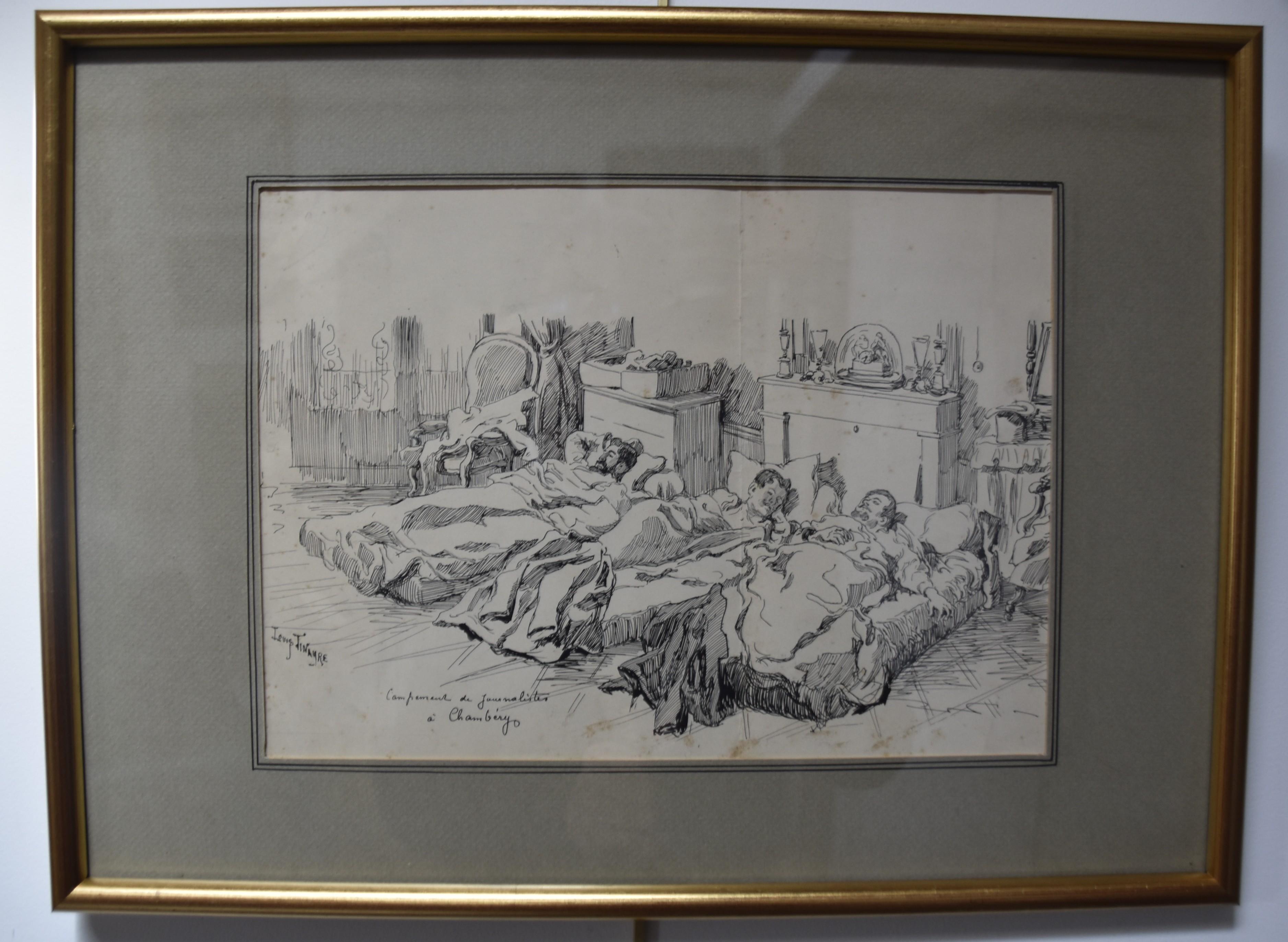 Louis Tinayre (1861-1942) An encampment of journalists, signed drawing For Sale 1
