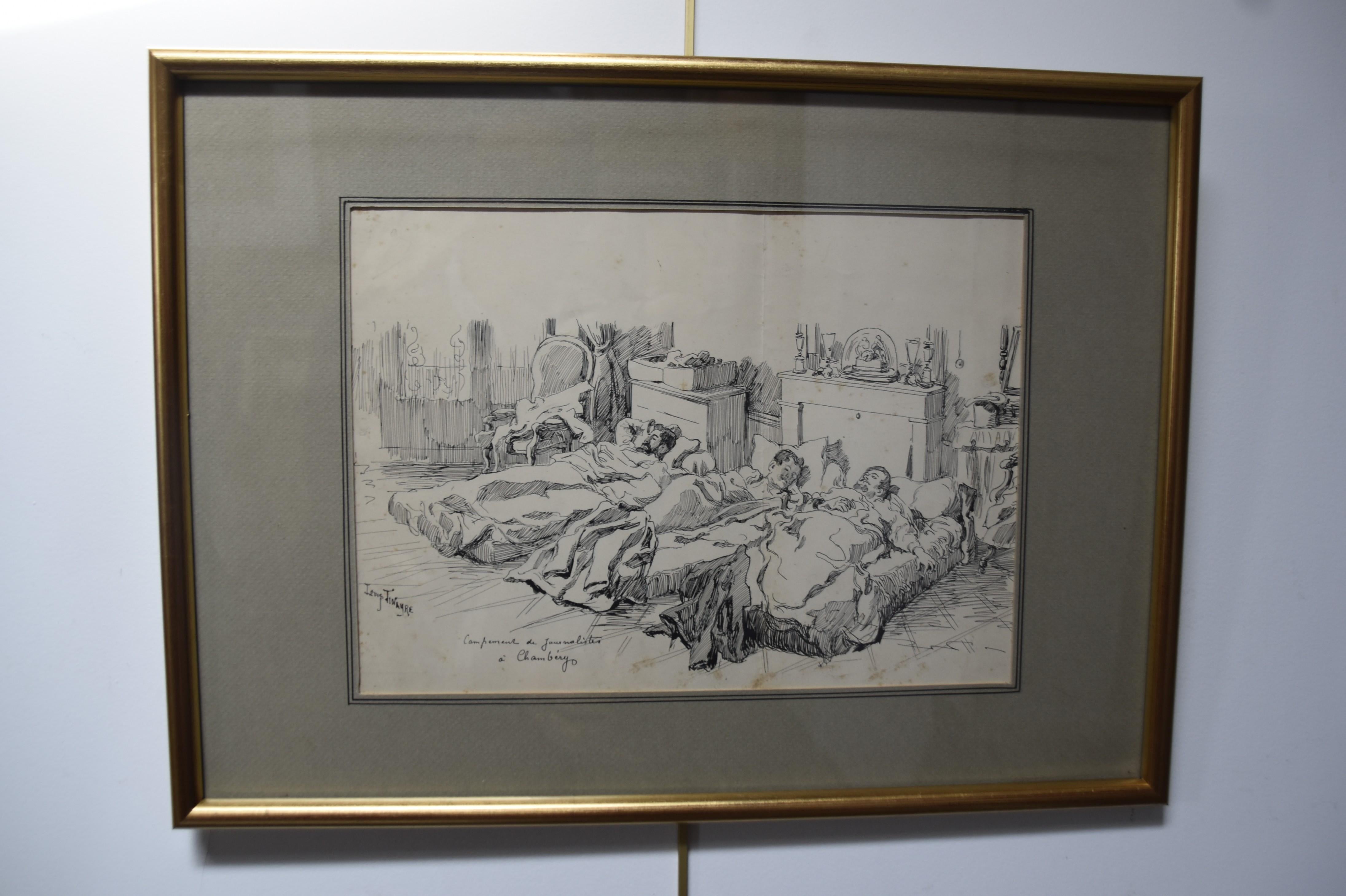 Louis Tinayre (1861-1942) Un campamento de periodistas, dibujo firmado en venta 5