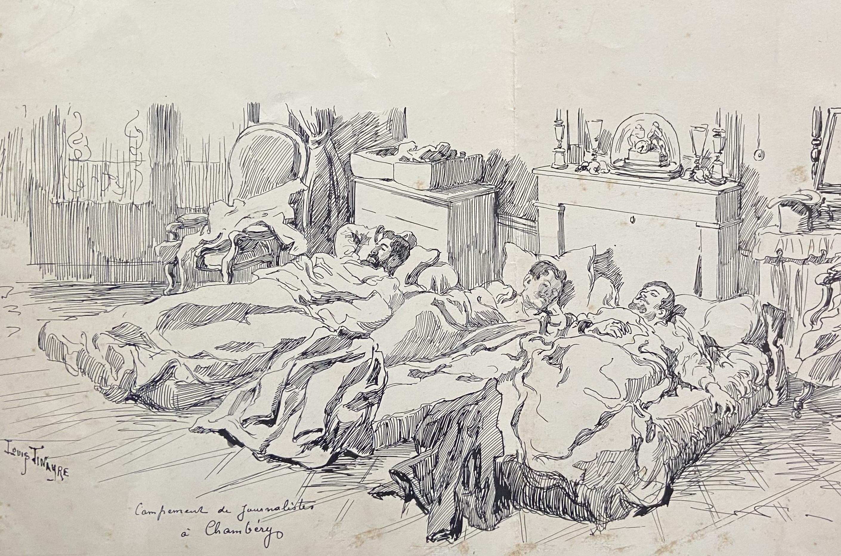 Louis Tinayre (1861-1942) 
An encampment of journalists in Chambéry,
signed and titled lower left "Campement de journalistes à Chambéry"
Ink on paper
In quite good condition, a a visible vertical fold in the centre, some stains and foxings
21 x 29