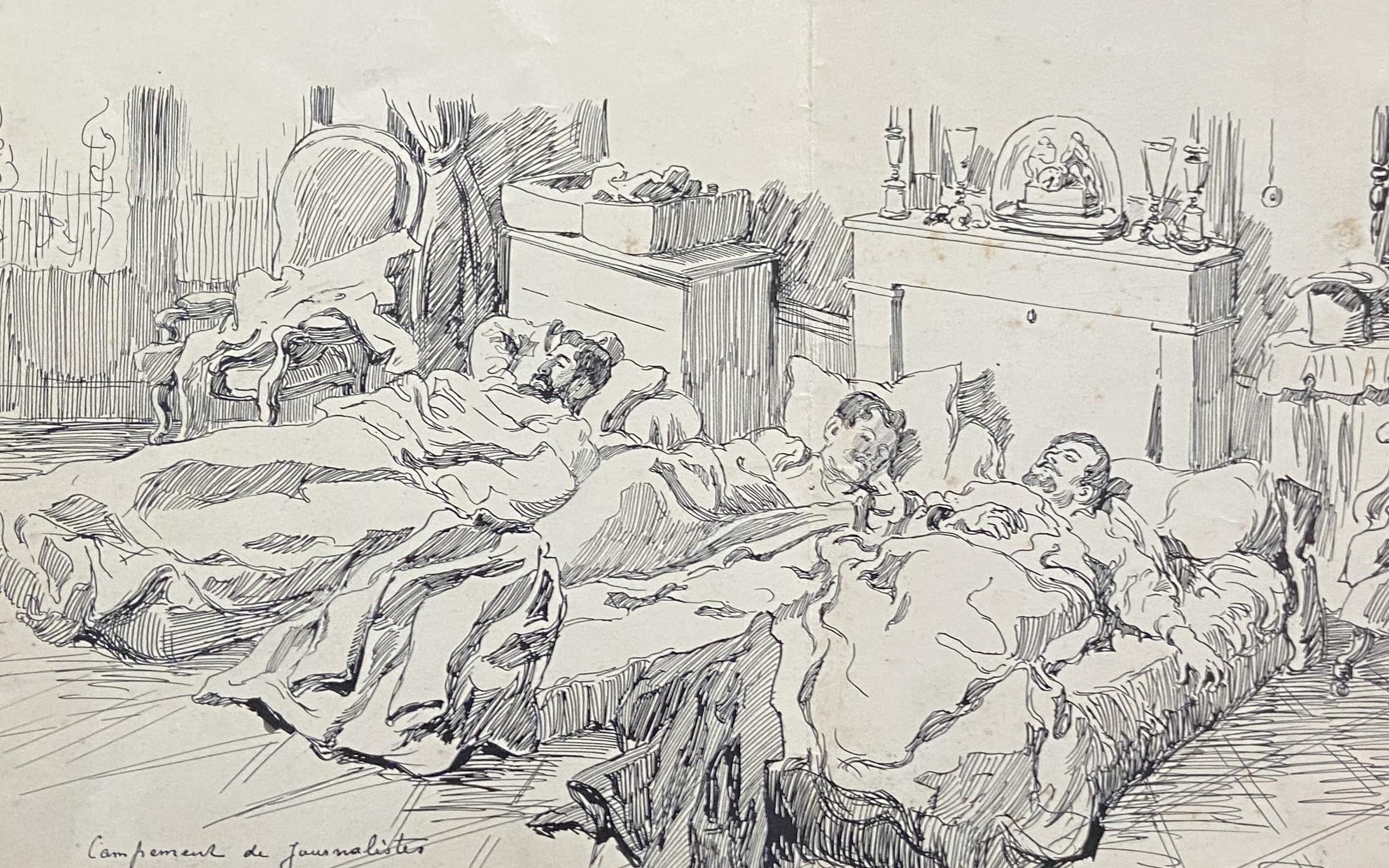 Louis Tinayre (1861-1942) Un campamento de periodistas, dibujo firmado en venta 9