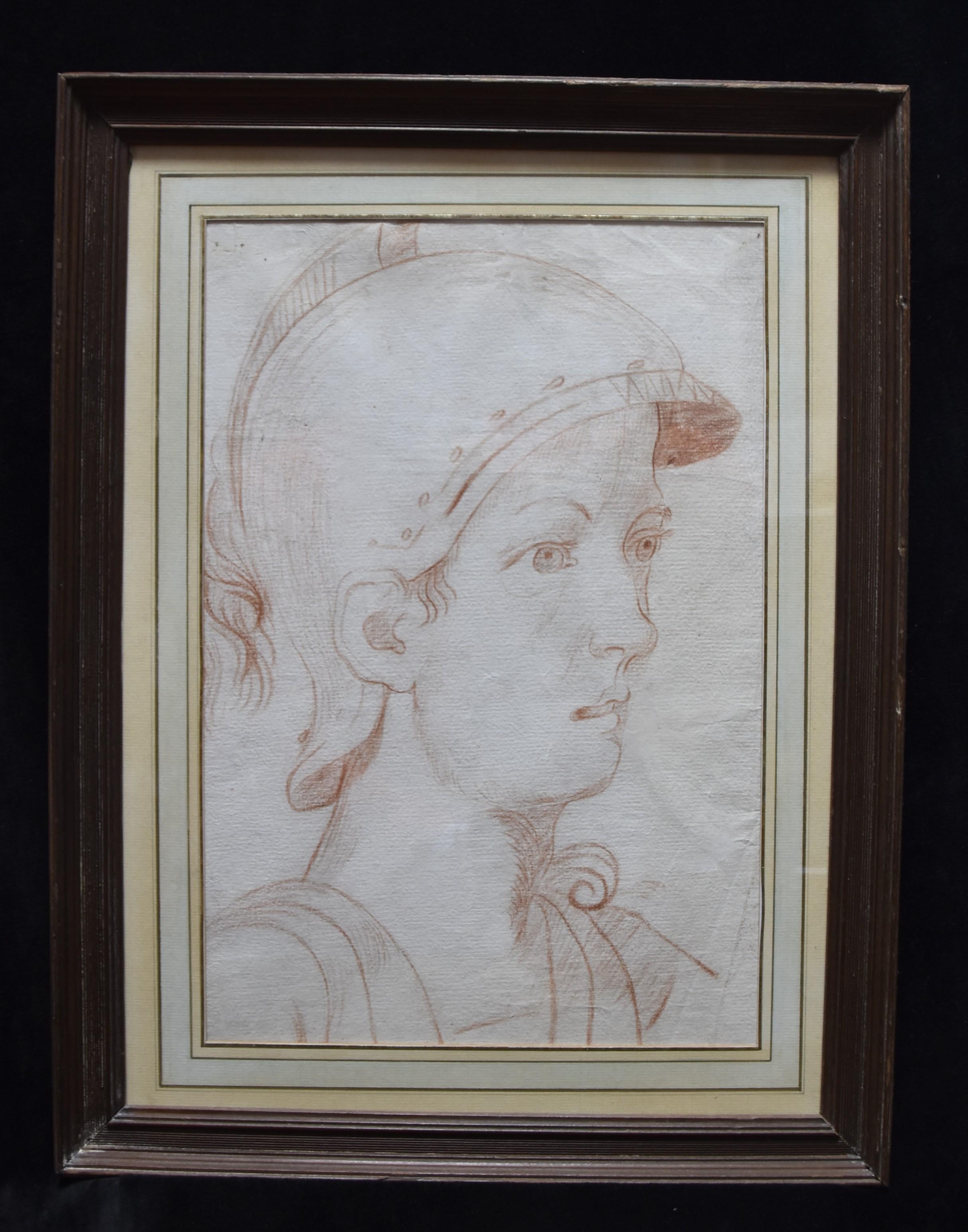 Italienische Schule des 18. Jahrhunderts,  Ein antiker Soldat im Profil, rote Kreide auf Papier – Art von Unknown