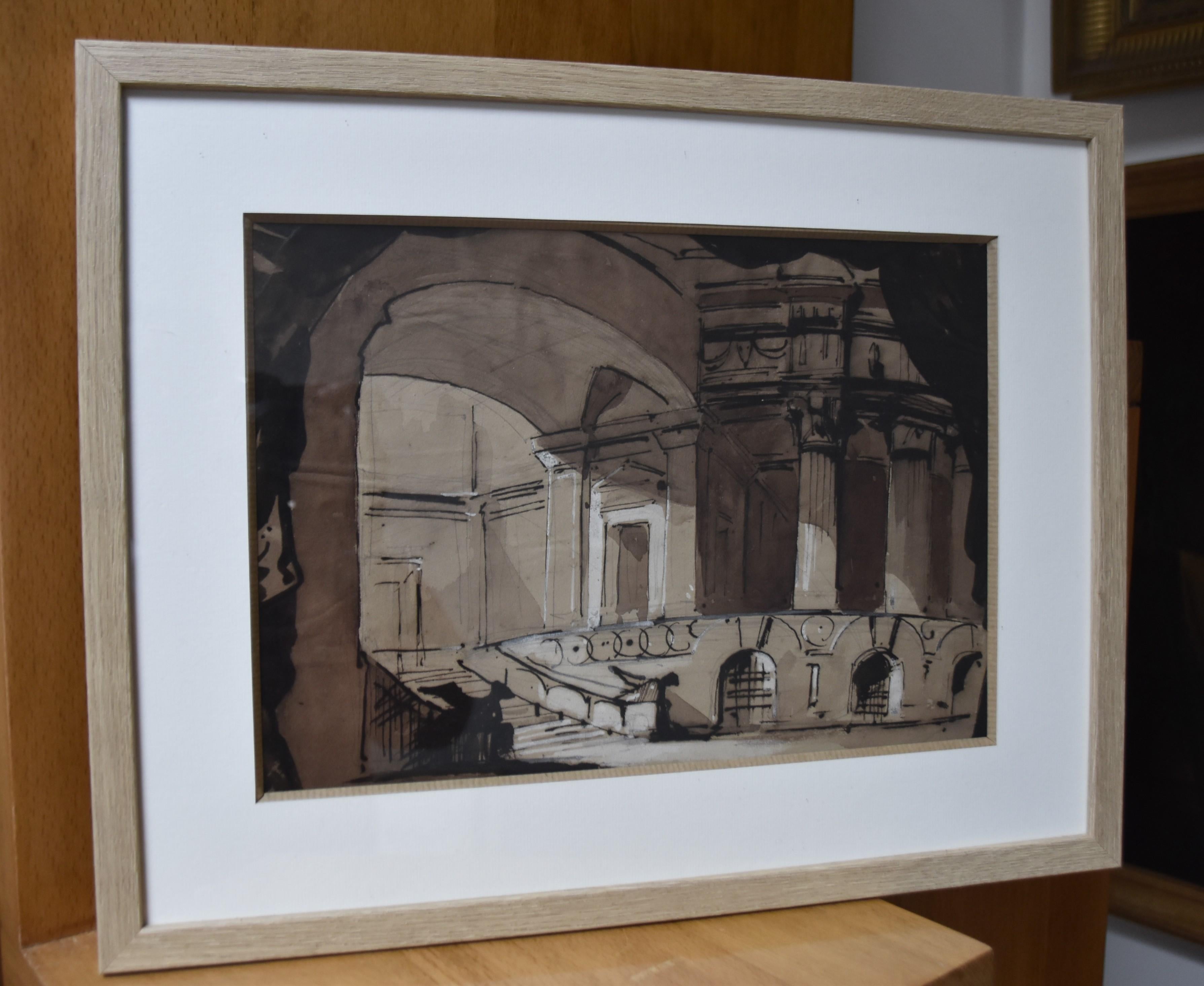 Romantic school, Interior of a Temple, ink drawing 2