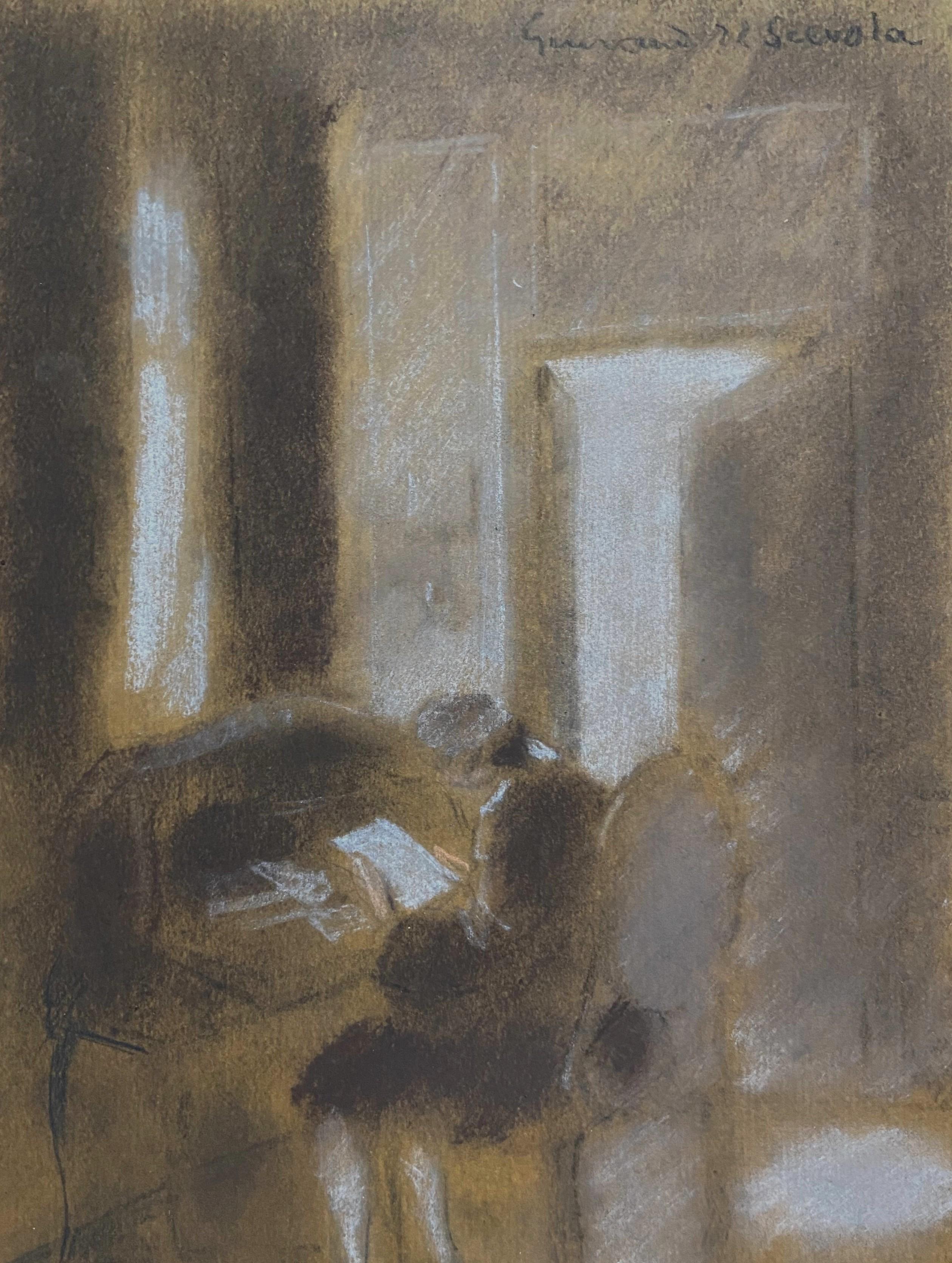 Lucien-Victor Guirand de Scévola Interior Art – L V Guirand de Scevola (1871-1950) Ein Mann, der am Schreibtisch schreibt, signiert Pastell