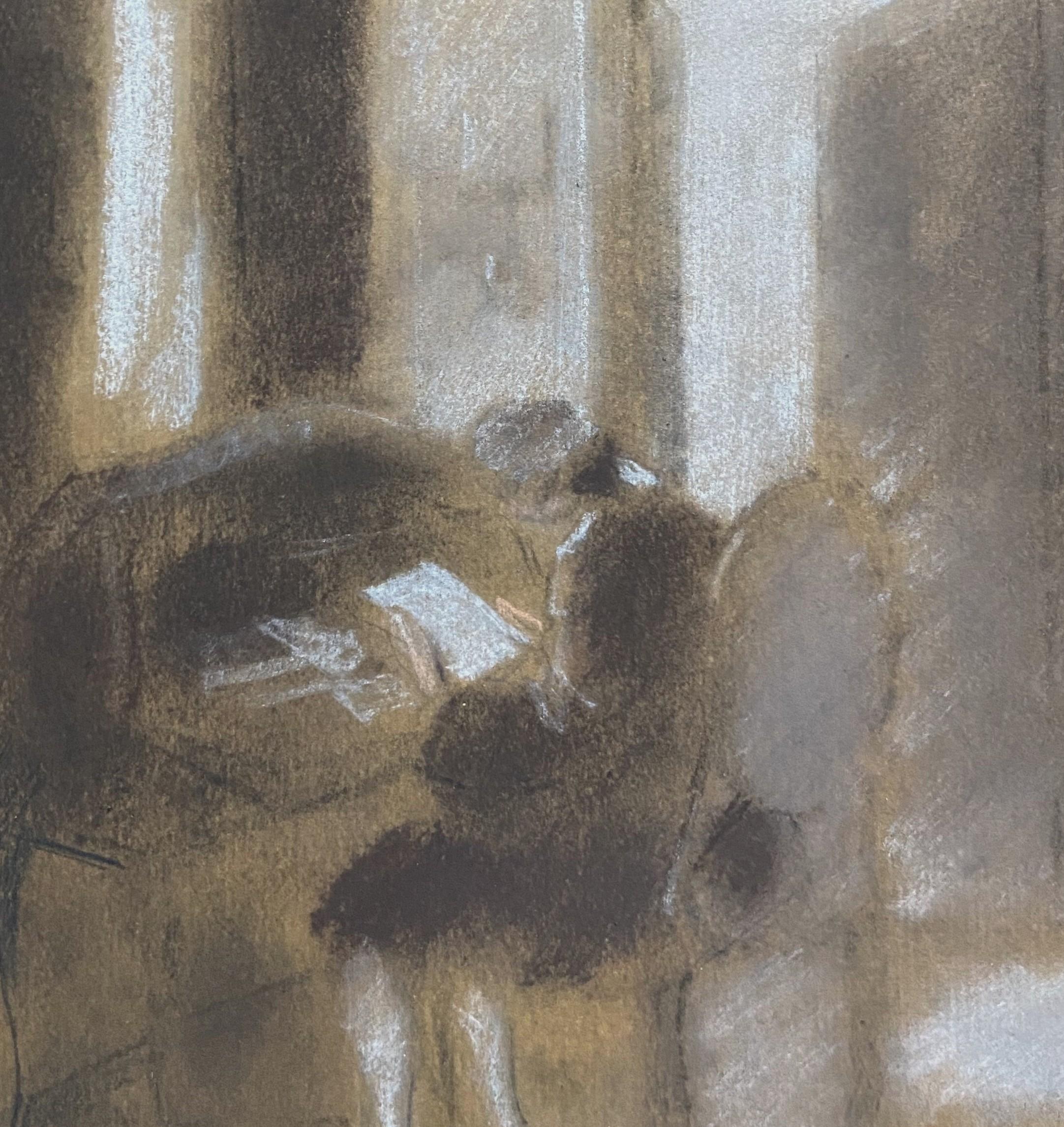 Lucien-Victor Guirand de Scevola (1871-1950)
Ein Mann schreibt an seinem Schreibtisch, Interieurszene aus dem 18.
Pastell auf Papier
Signiert oben rechts  
20,5 x 15,8 cm 
Gerahmt unter Glas  : 37 x 31,5 cm

Es ist bekannt, dass Guirand de Scevola