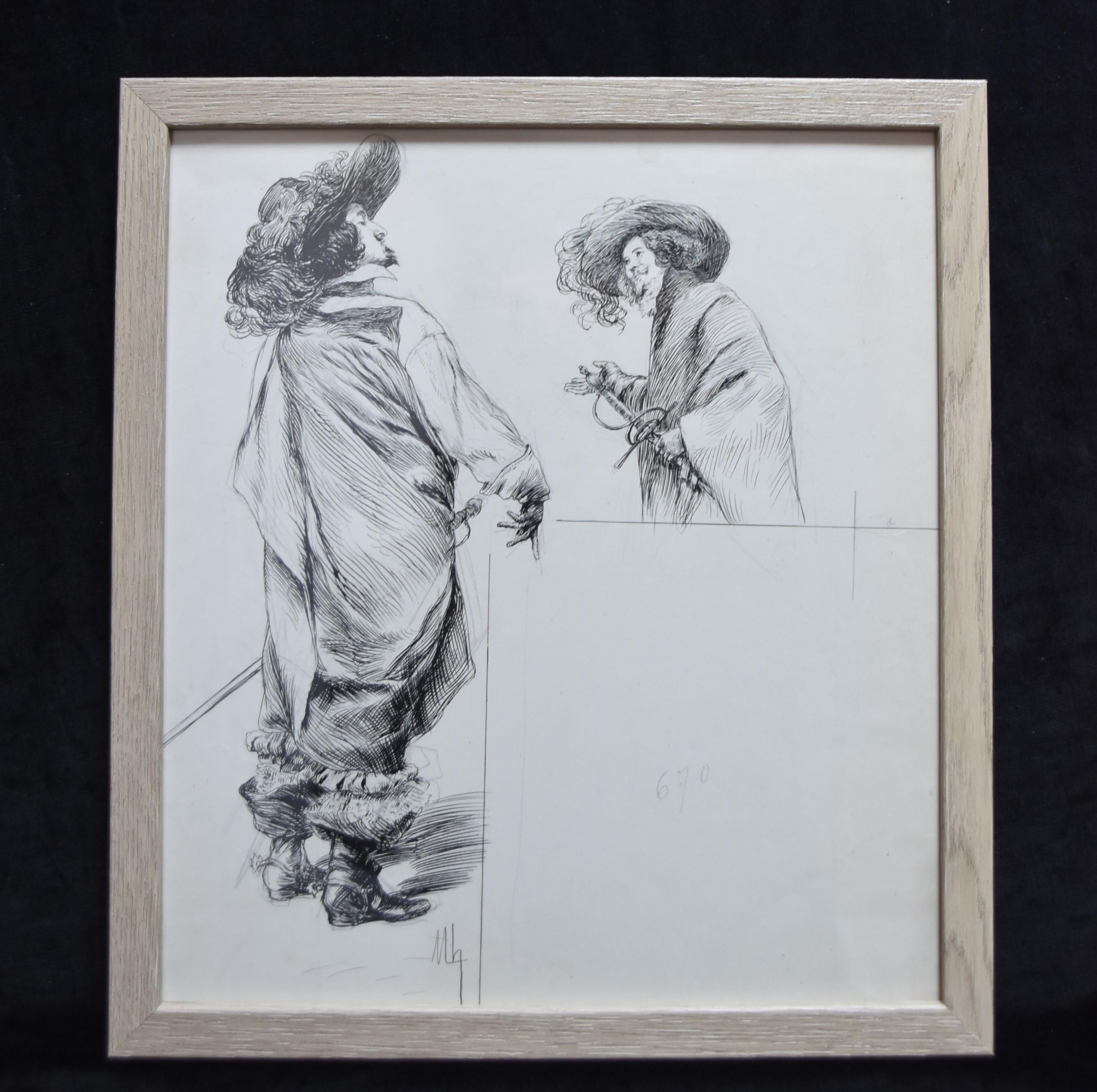 Felician Myrbach (1853-1940) The Musketeers, original drawing For Sale 1