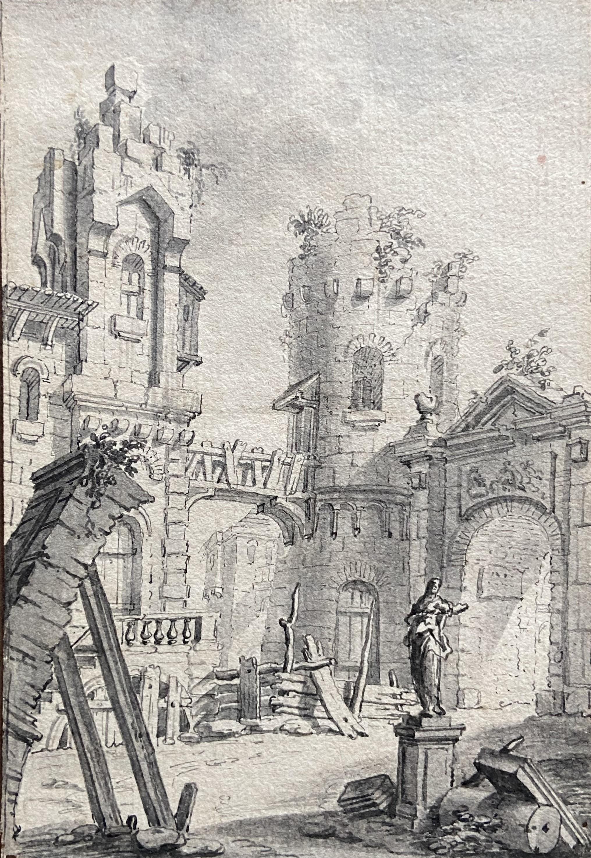Interior Art di Unknown - Scuola del 18° secolo,  Cortile di un palazzo, Capriccio architettonico, disegno