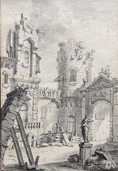 Vintage 18th Century School,  Courtyard of a palazzo, Architectural Capriccio, drawing