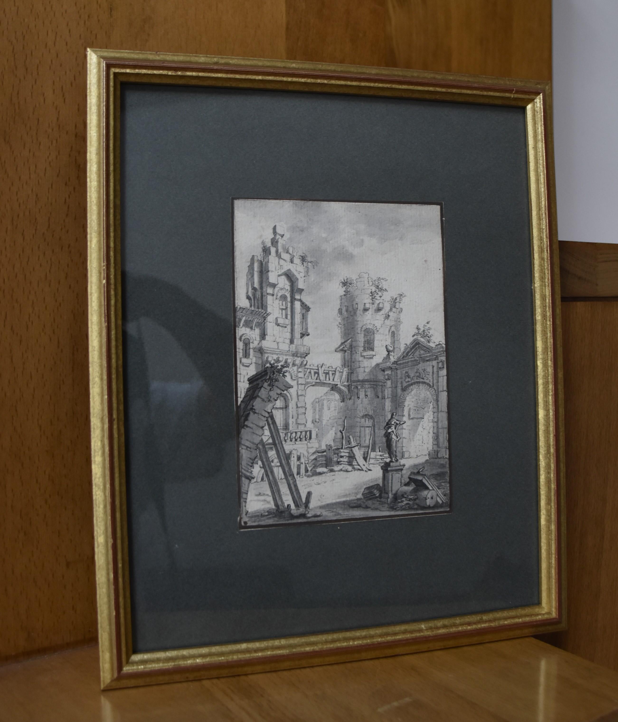 Schule des 18. Jahrhunderts,  Hof eines Palastes, architektonische Capriccio, Zeichnung im Angebot 1