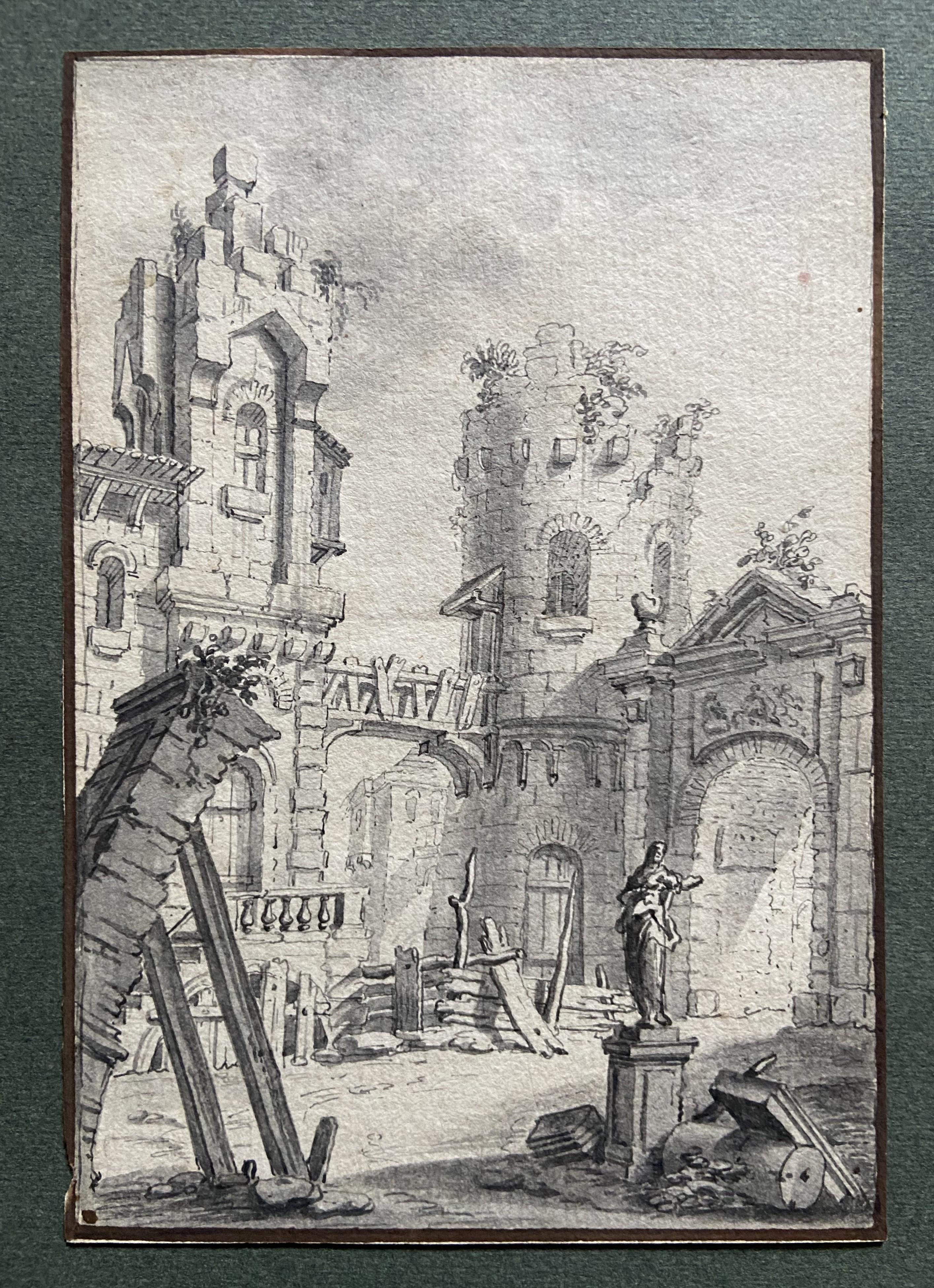 Schule des 18. Jahrhunderts,  Hof eines Palastes, architektonische Capriccio, Zeichnung (Alte Meister), Art, von Unknown