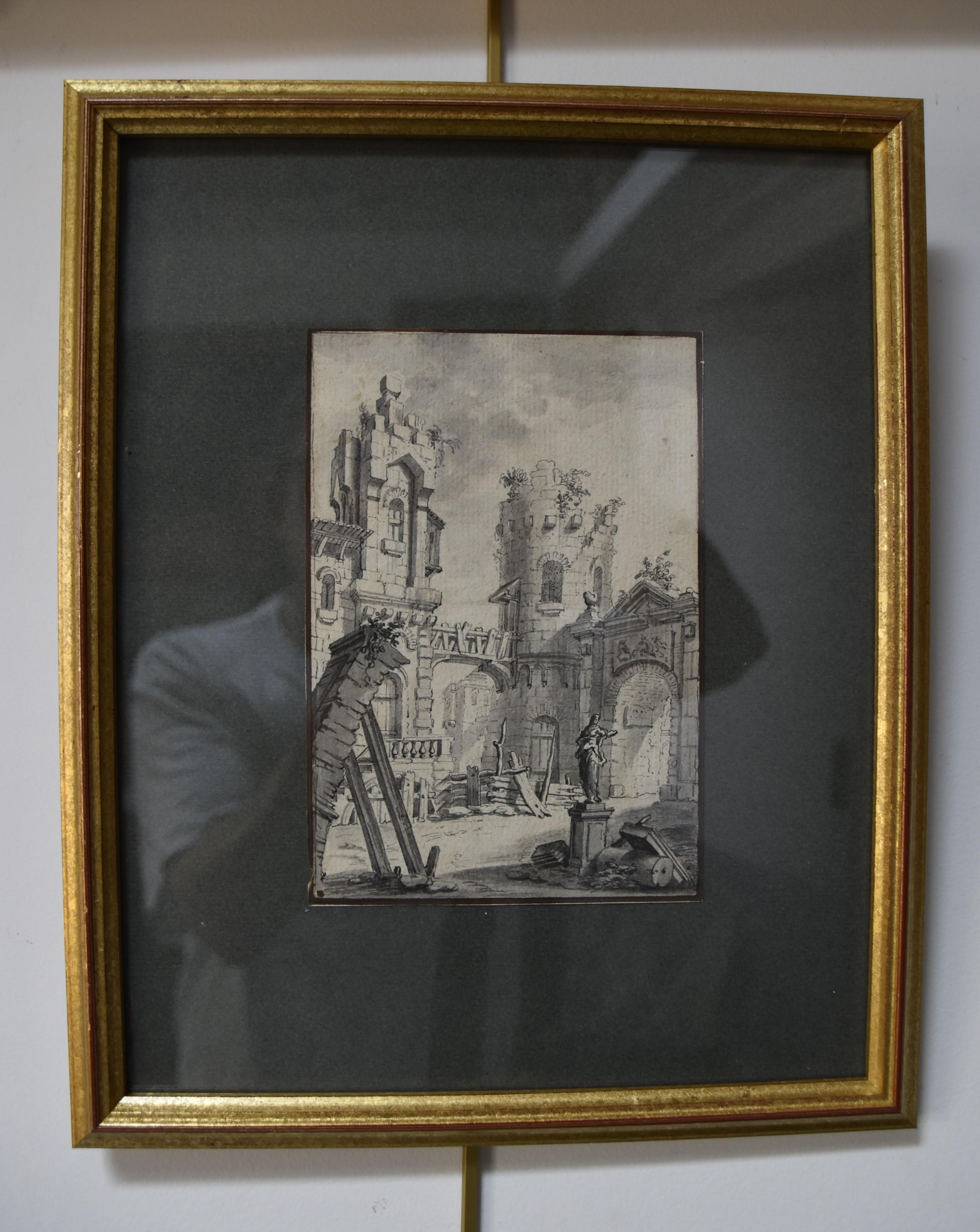 18th Century School,  Courtyard of a palazzo, Architectural Capriccio, drawing For Sale 1