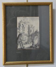 18th Century School,  Courtyard of a palazzo, Architectural Capriccio, drawing