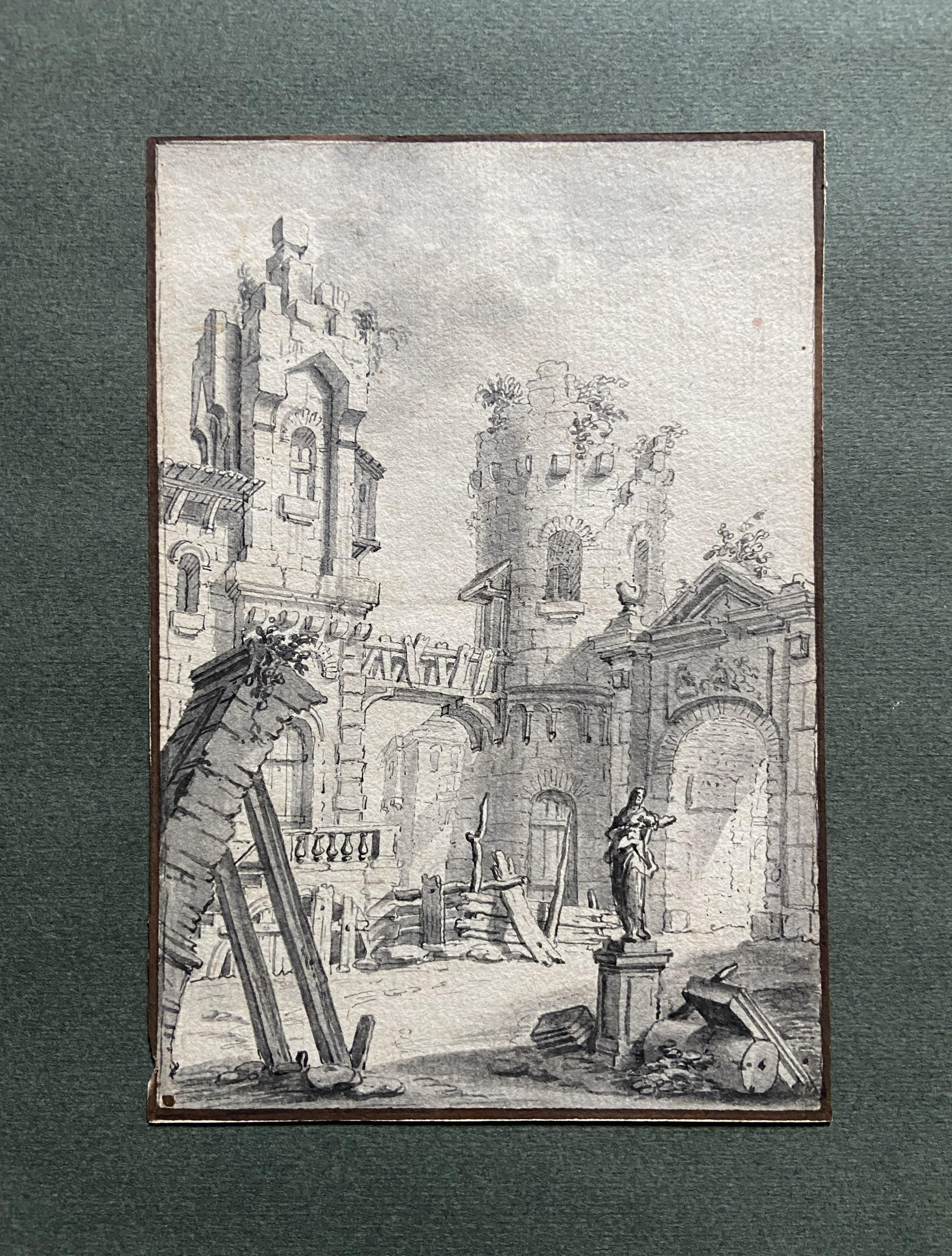 Schule des 18. Jahrhunderts,  Hof eines Palastes, architektonische Capriccio, Zeichnung im Angebot 4