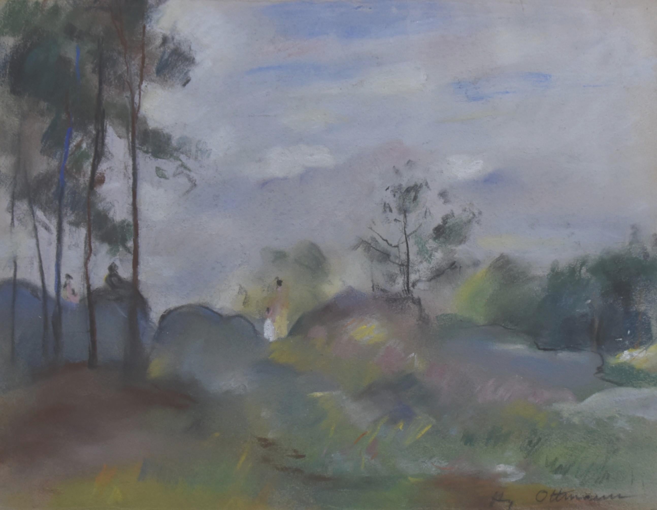 Henri Ottmann (1877-1927)  
"Orée du bois par brume", Ein Wald im Nebel
signiert unten rechts
Pastell auf Papier 
24 x 32 cm
In gutem Zustand
In einem Vintage-Rahmen : 43,5 x 53 cm Die Vergoldung des Rahmens fehlt an vielen Stellen.

 Henri Ottmann
