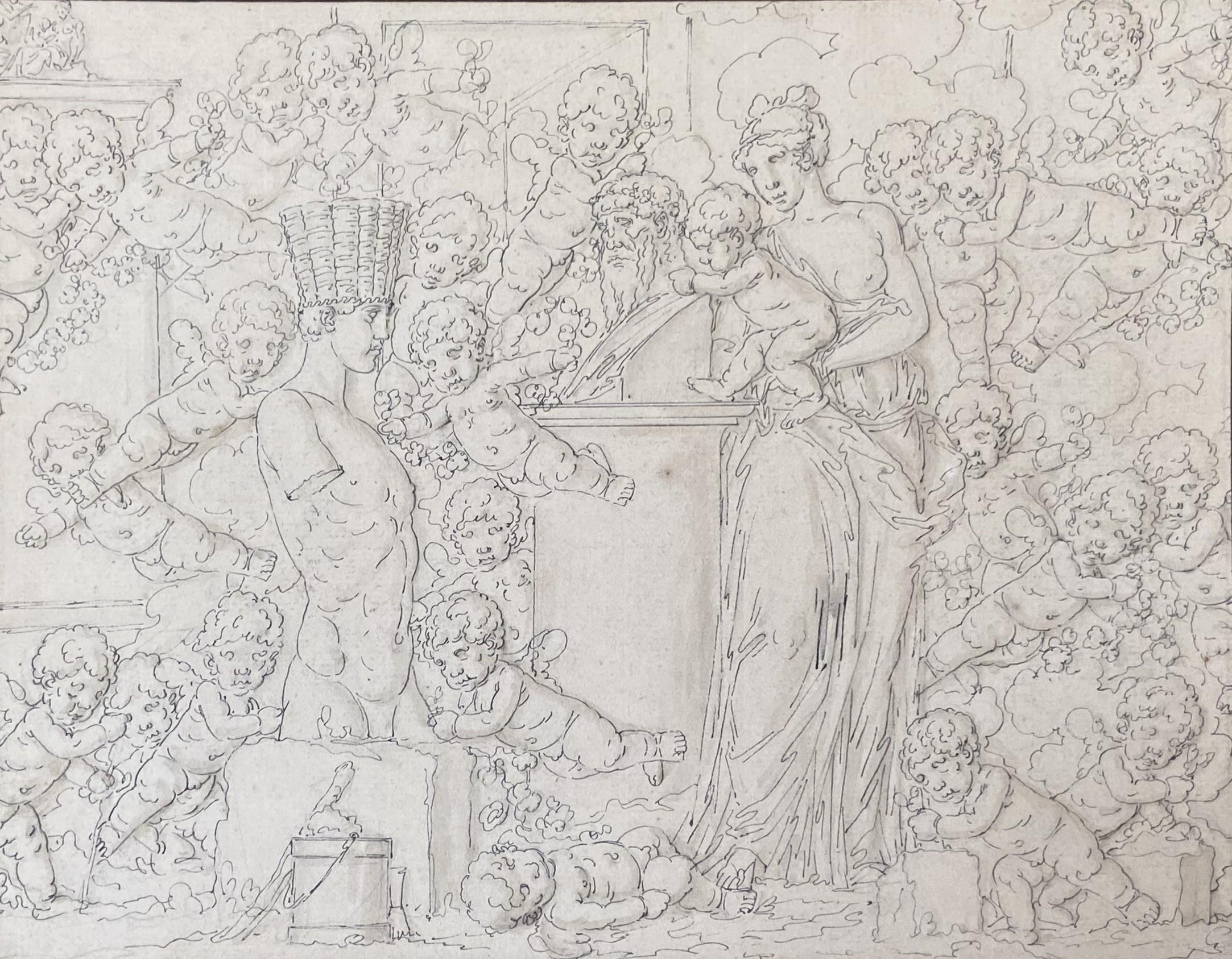 Louis-Félix de La Rue (1730-1777) 
Une scène mythologique
Plume et encre noire sur papier 
Porte une inscription ancienne avec le nom de l'artiste sur le bord inférieur gauche de la monture.
20,7 x 26,3 cm
En bon  état, une petite rousseur au milieu