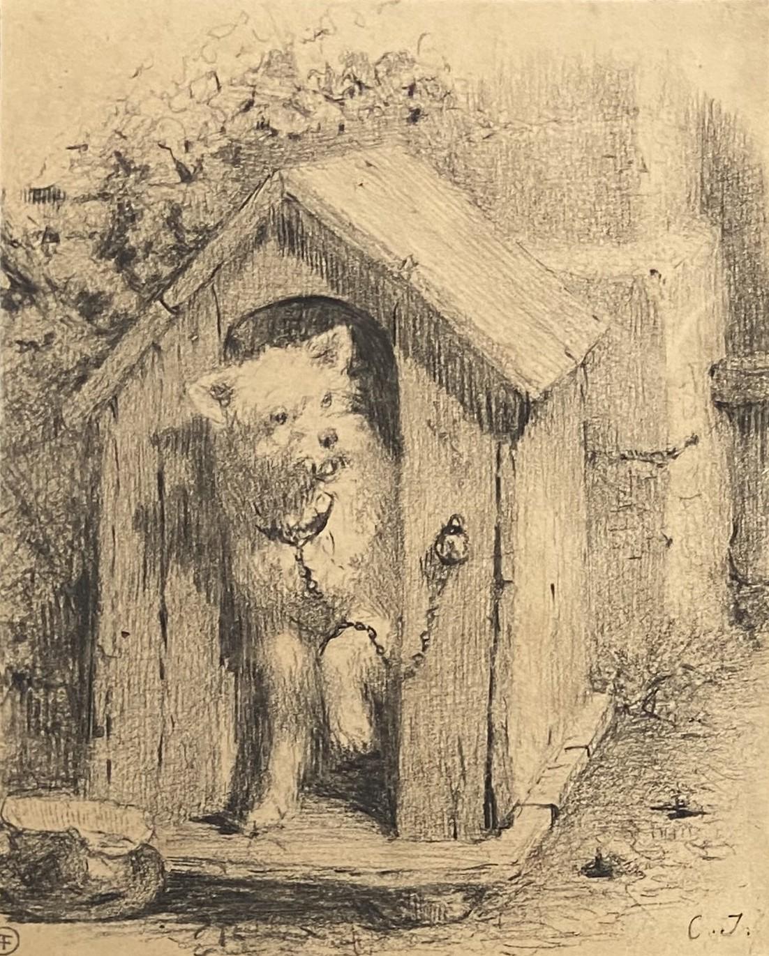 Charles Emile Jacque (Paris 1813 - 1894) Dog in a doghouse, signed drawing - Art by Charles Jacque