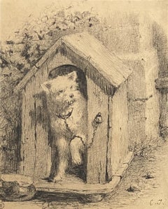 Antique Charles Emile Jacque (Paris 1813 - 1894) Dog in a doghouse, signed drawing