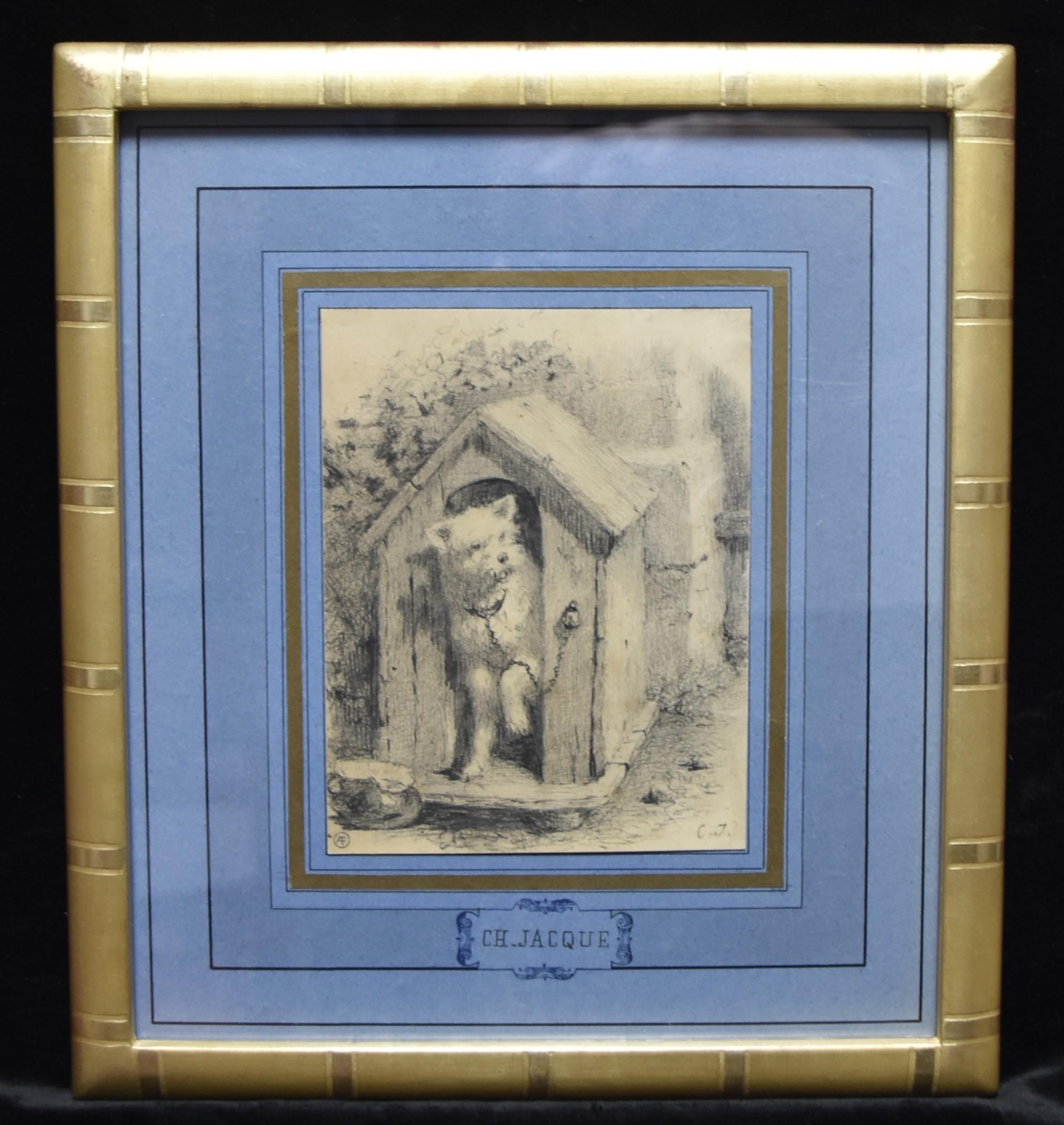Charles Emile Jacque (Paris 1813 - 1894) Chien dans une serre, dessin signé - Romantique Art par Charles Jacque