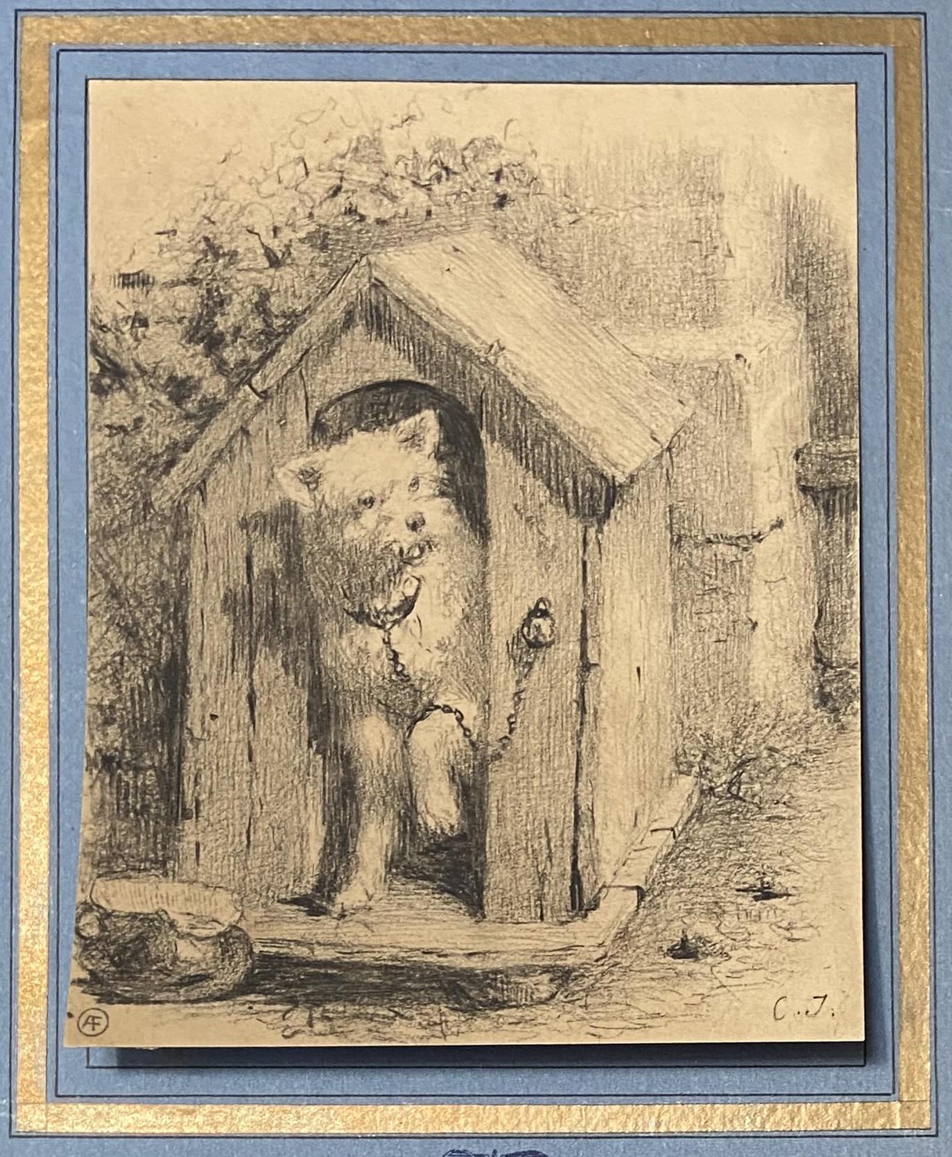 Charles Emile Jacque (Paris 1813 - 1894) Dog in a doghouse, signed drawing For Sale 1
