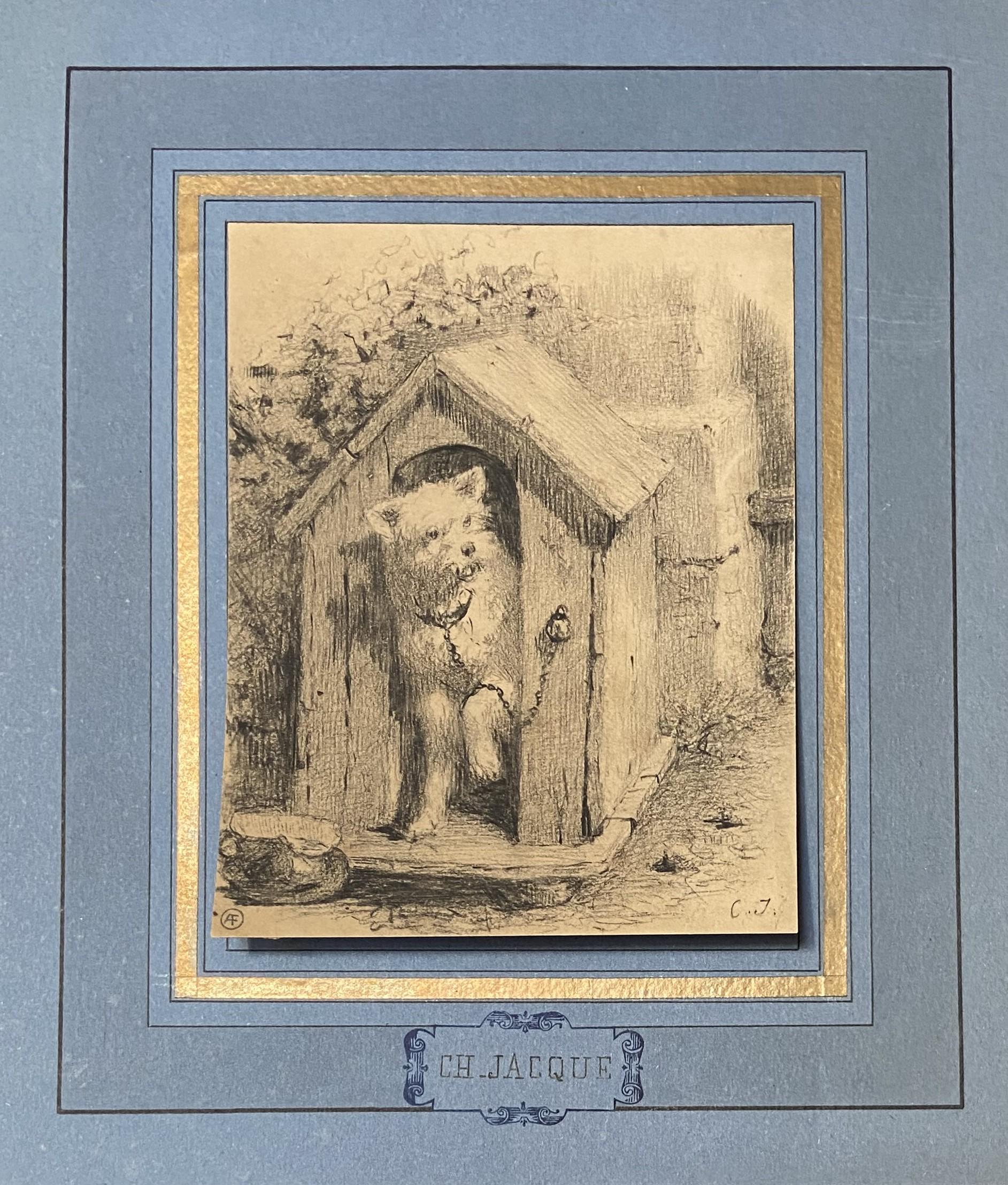 Charles Emile Jacque (Paris 1813 - 1894) Dog in a doghouse, signed drawing For Sale 2