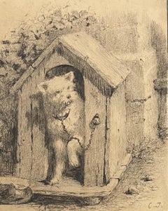 Charles Emile Jacque (Parigi 1813 - 1894) Cane in una cuccia, disegno firmato