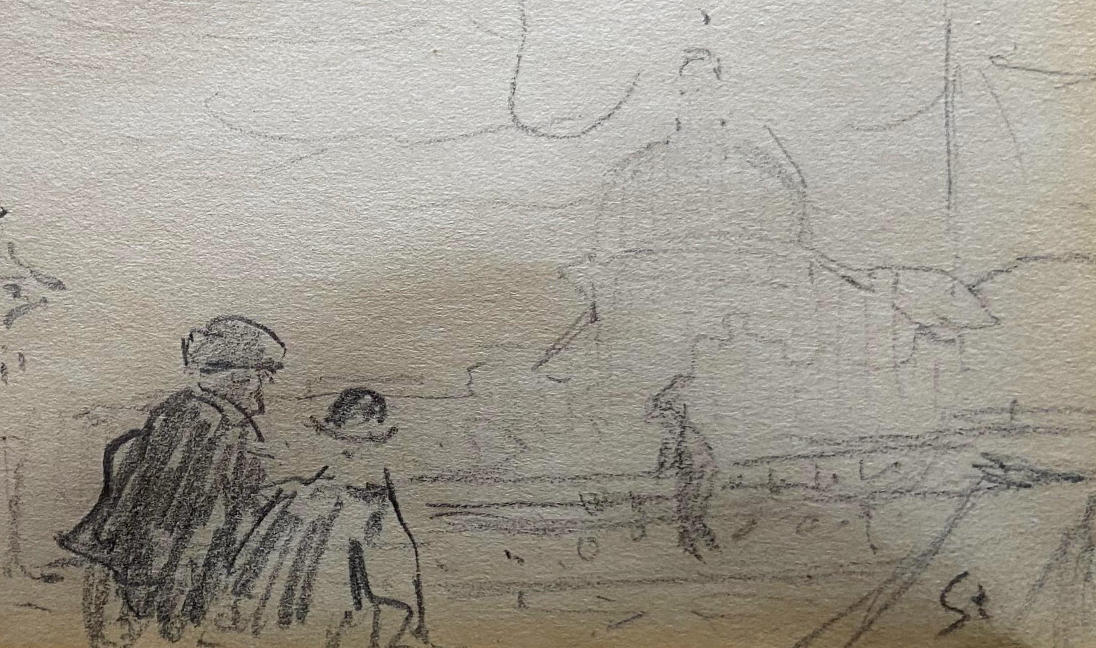 Theophile Alexandre Steinlen (1859-1923) Männer in der Pont du Carrousel, Zeichnung im Angebot 1