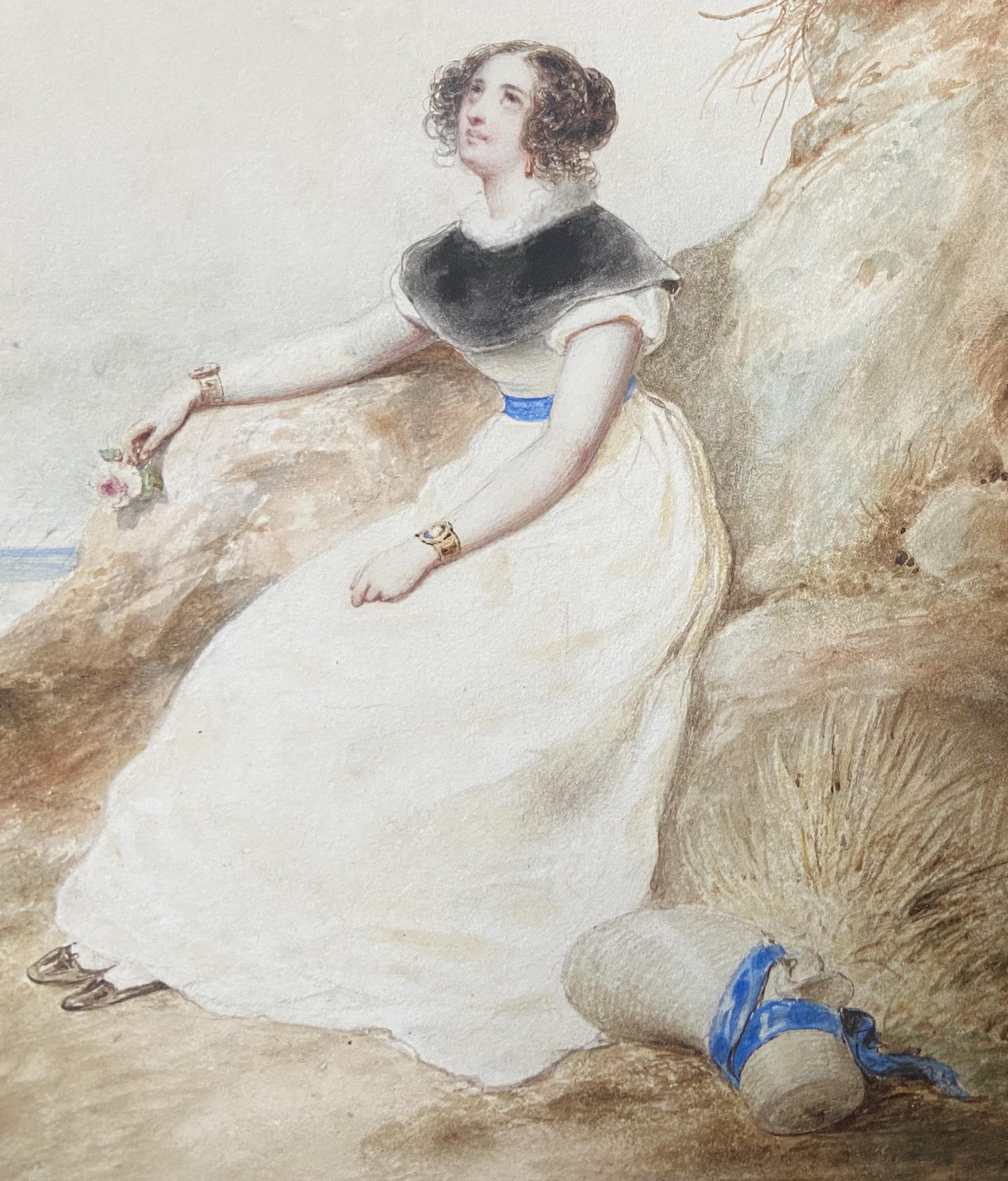 François Grenier de Saint Martin (1793-1867) 
Jeune femme sur la plage, 1829, 
signé et daté en bas à gauche
aquarelle sur papier
17 x 19.5 cm
Encadré 30 x 32.3 cm

À bien des égards, cette aquarelle délicate est l'archétype de l'art romantique : la