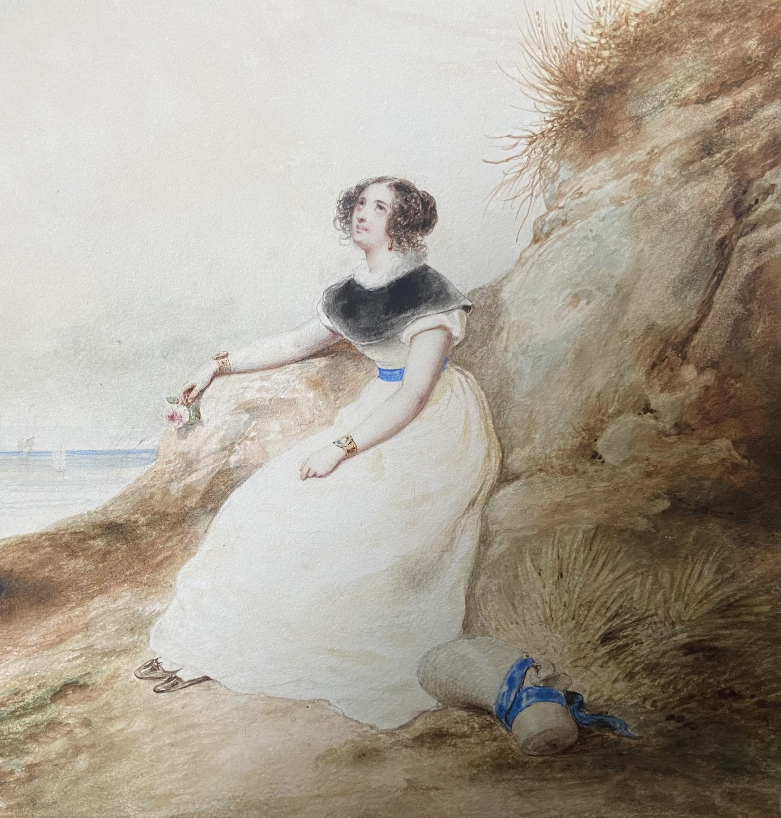François Grenier de Saint Martin (1793-1867) Lady on the beach, 1829, aquarelle - Romantique Art par Francois Grenier de Saint Martin