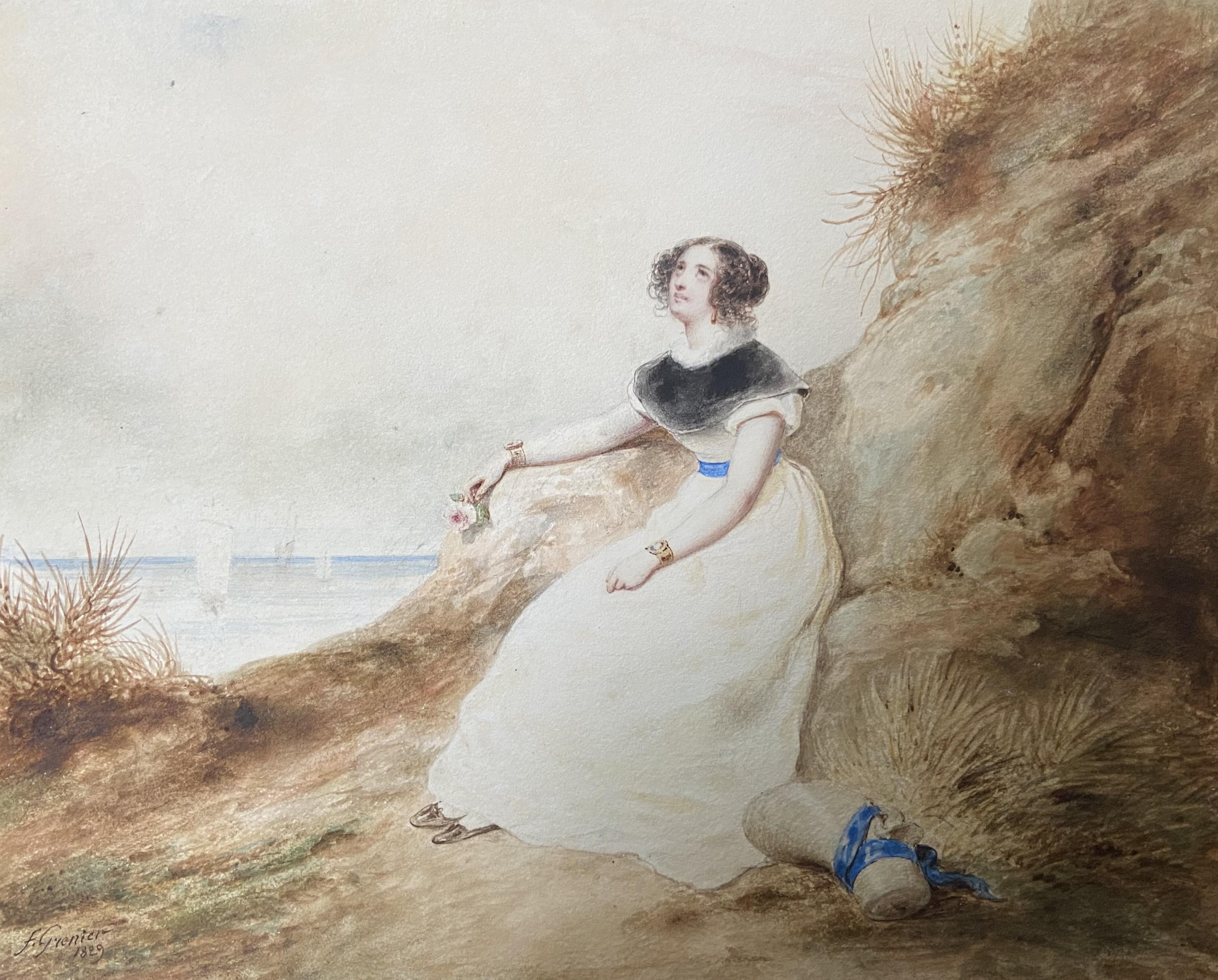Francois Grenier de Saint Martin (1793-1867) Lady on the beach, 1829, watercolor For Sale 5