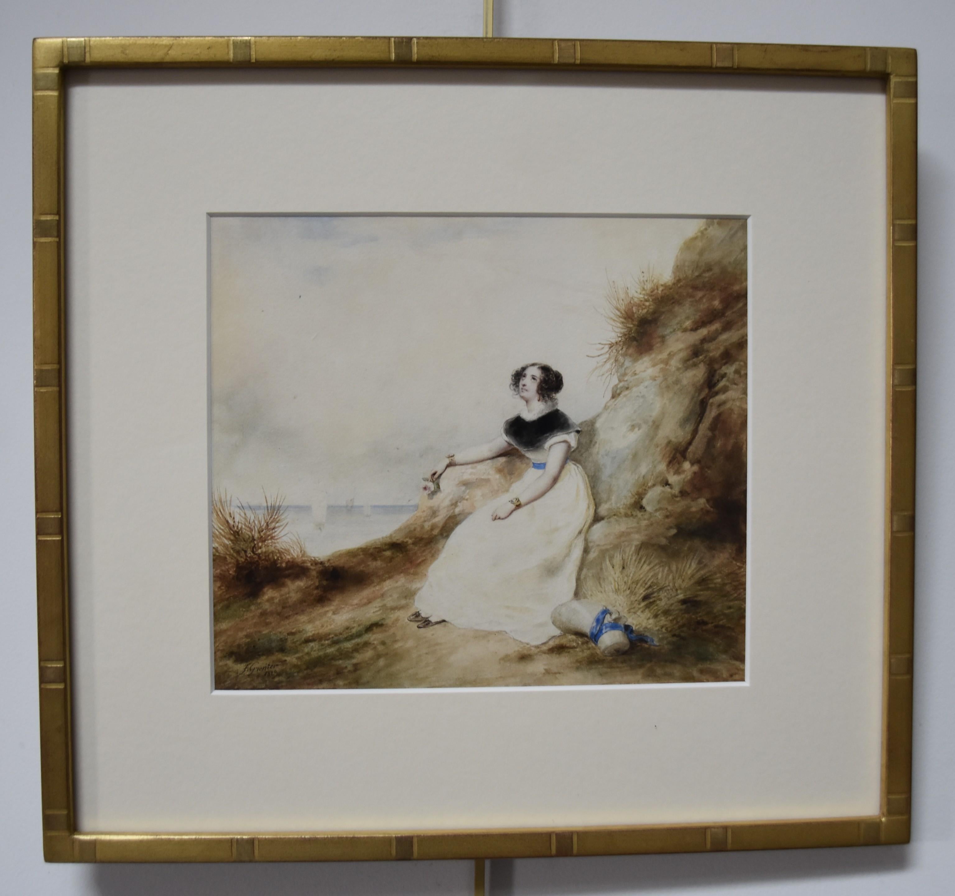François Grenier de Saint Martin (1793-1867) Lady on the beach, 1829, aquarelle - Art de Francois Grenier de Saint Martin
