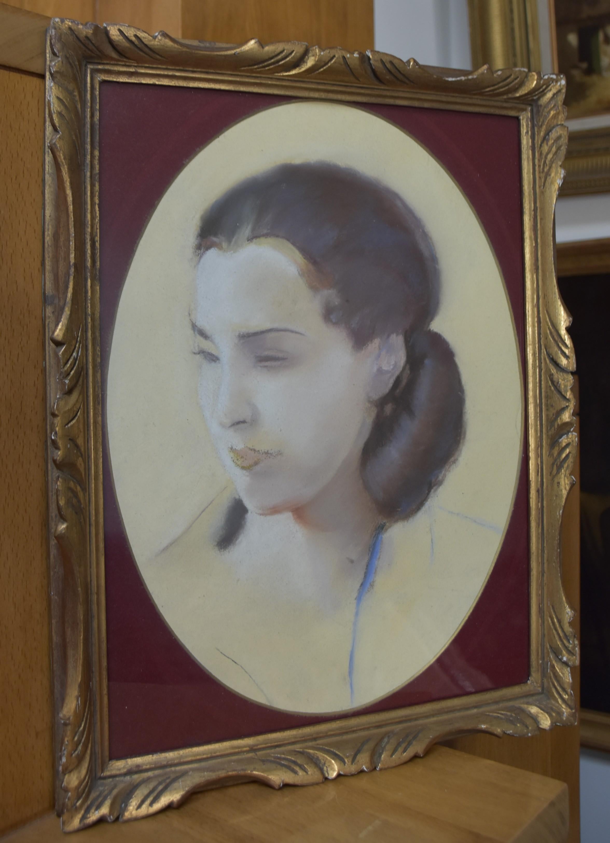 L V Guirand de Scevola (1871-1950) Portrait of a young woman, 1928, oval pastel - Art Deco Art by Lucien-Victor Guirand de Scévola