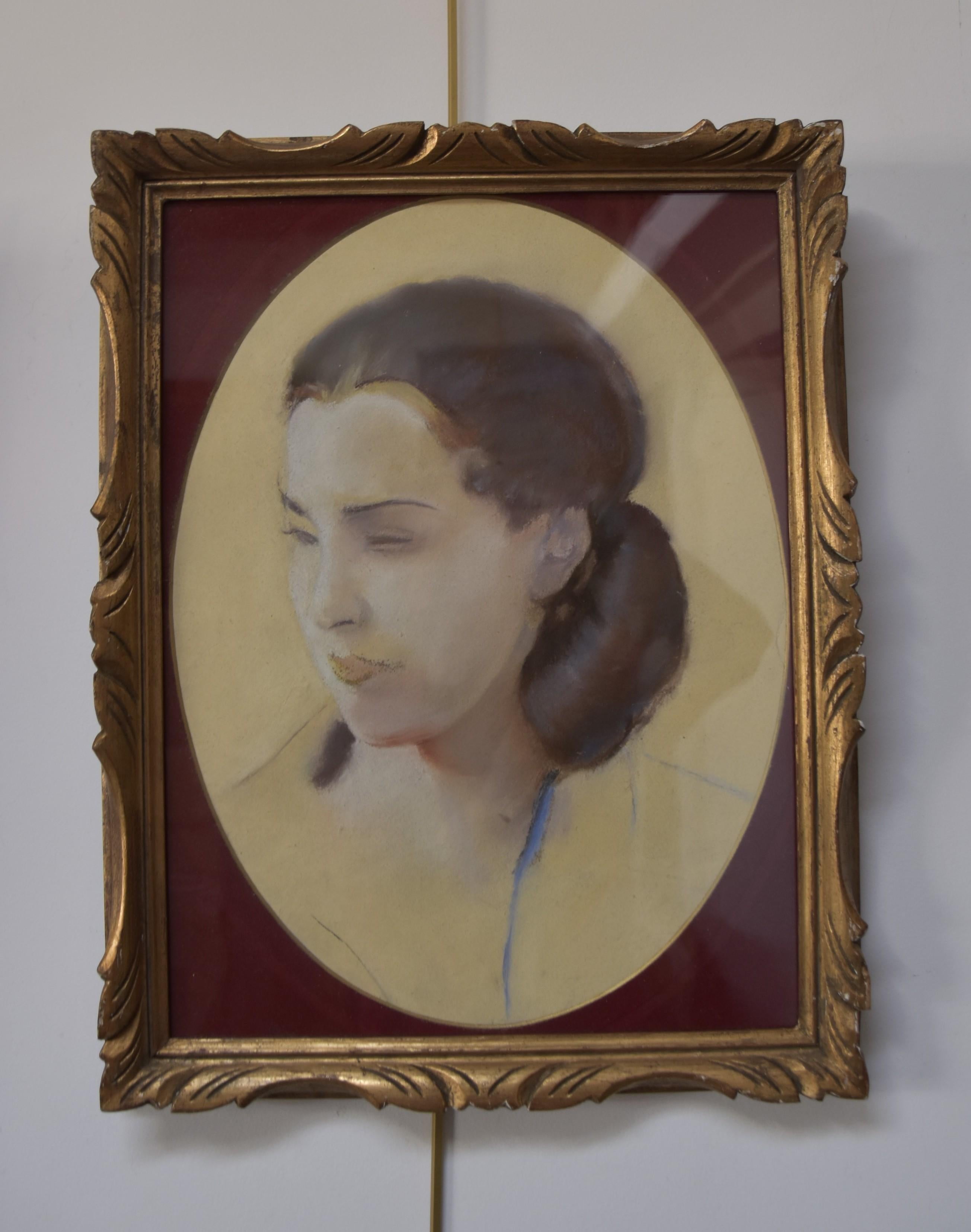 L V Guirand de Scevola (1871-1950) Portrait of a young woman, 1928, oval pastel For Sale 3