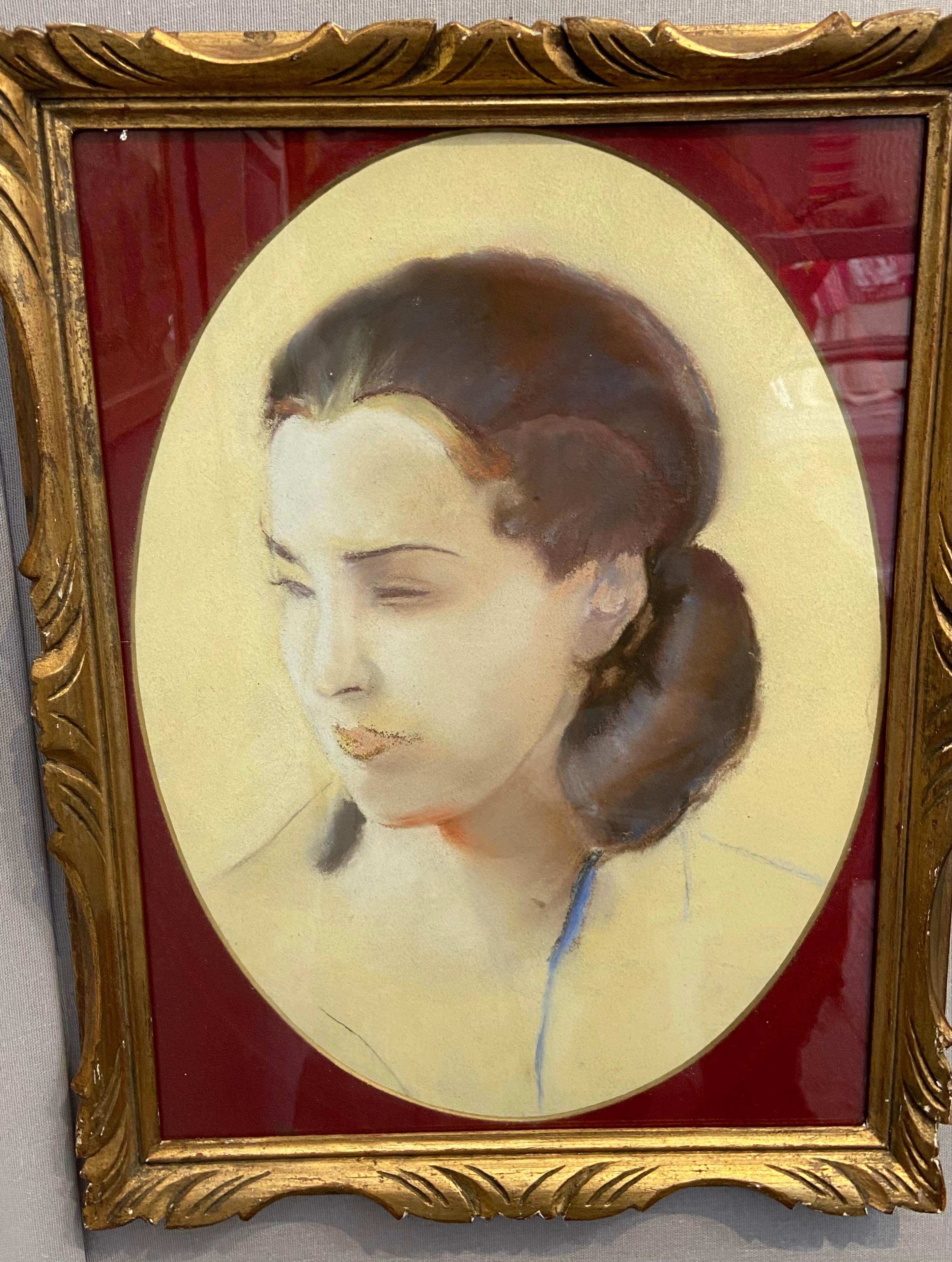 L V Guirand de Scevola (1871-1950) Portrait of a young woman, 1928, oval pastel For Sale 4