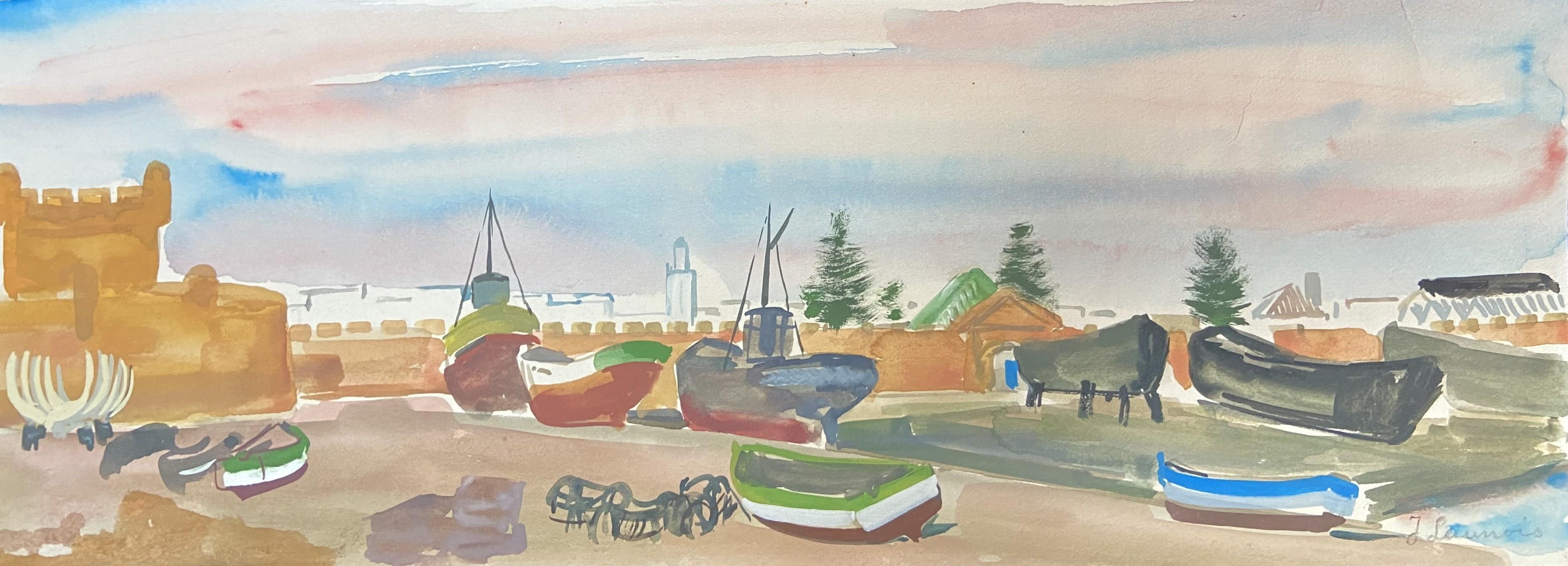 Jean Launois (1898-1942) 
A North African landscape, A Port (Essaouira ?)
signed lower right
Watercolor on paper
14 x 41.5 cm
Framed : 30 x 57 cm

It is most likely a view of the port of Essaouira (known as Mogador at the time), with the tower of