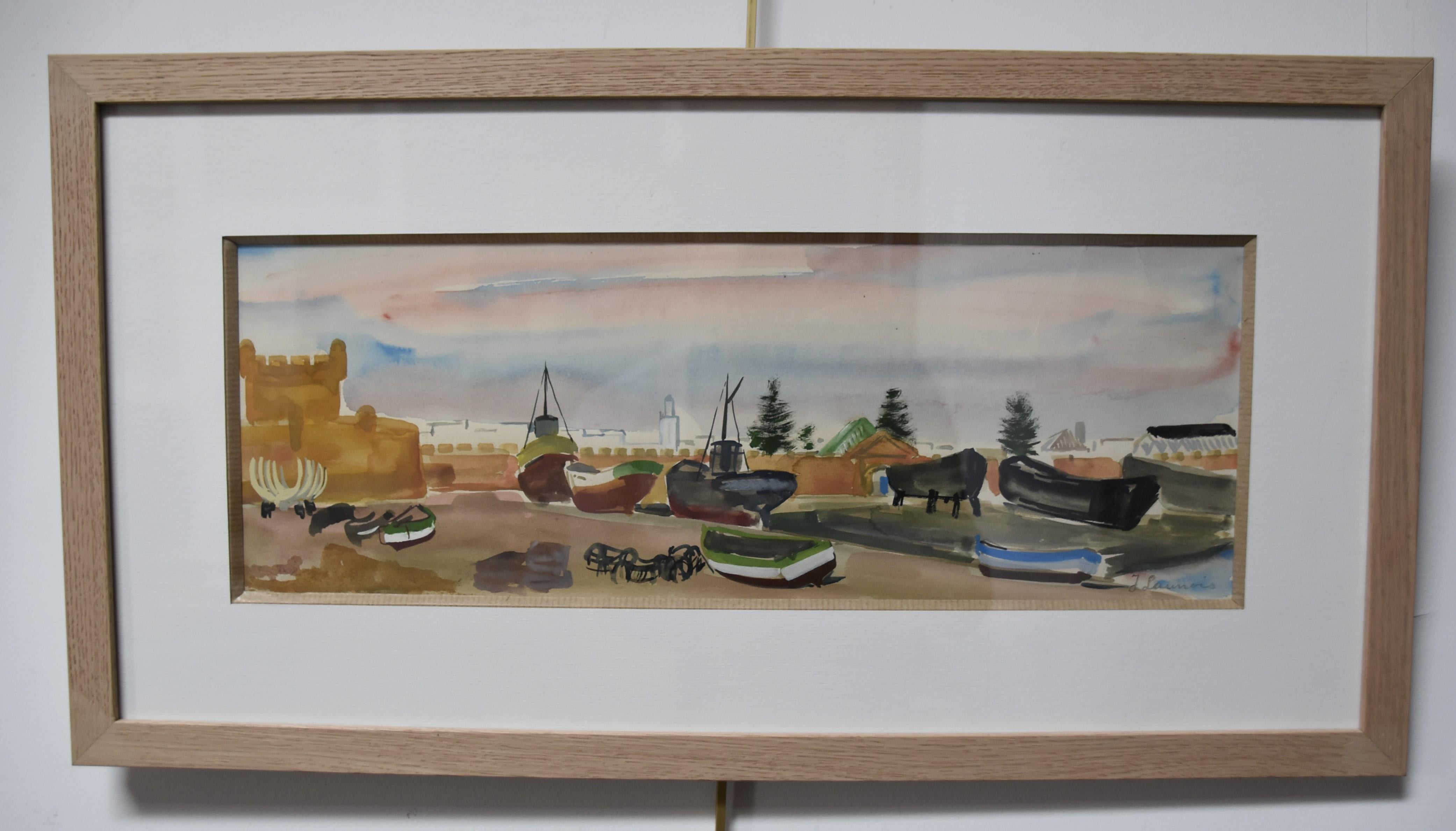 Jean Launois (1898-1942) North African landscape, A Port, watercolor signed For Sale 1