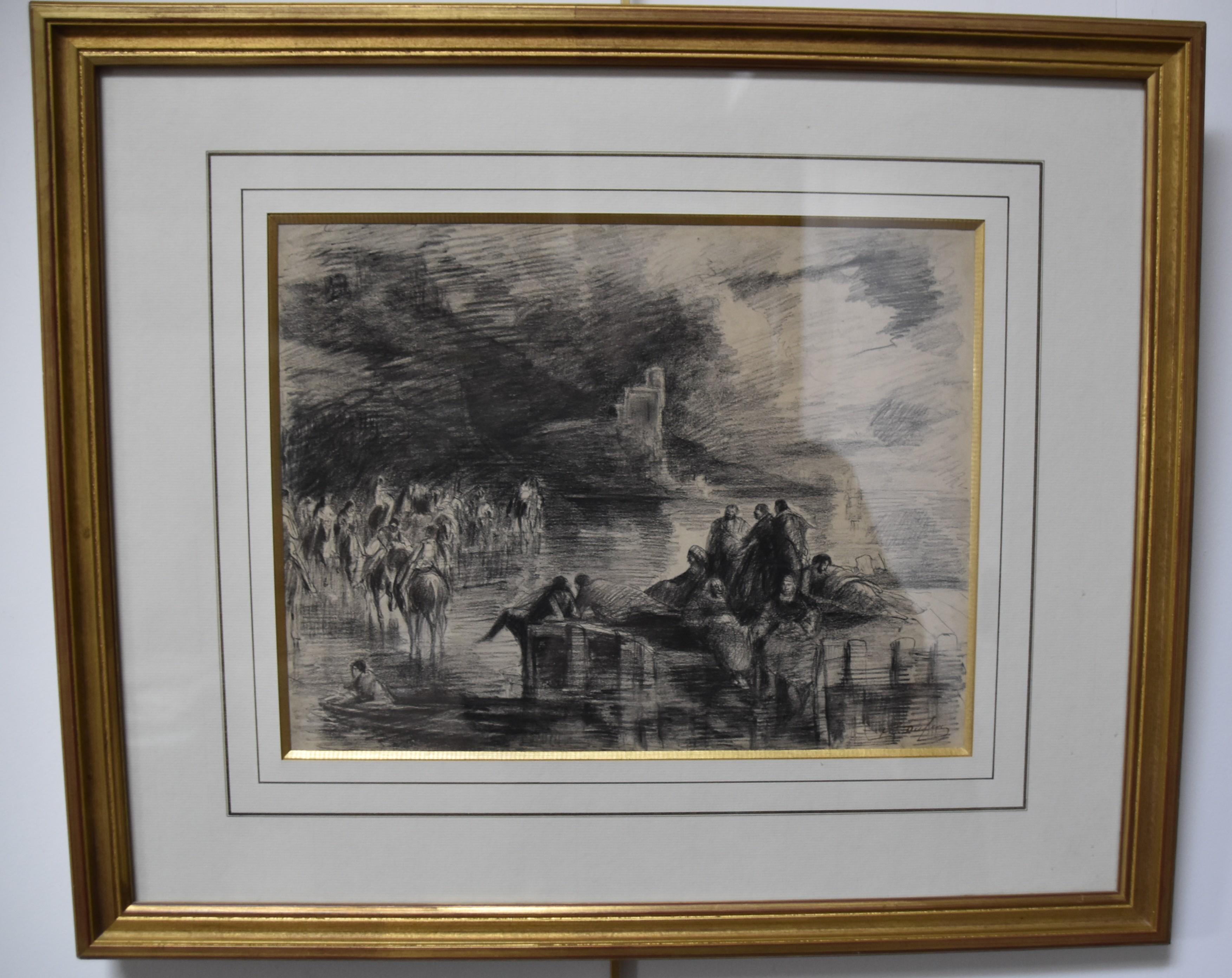 Edouard Dufeu (1836-1900)  Une scène fantastique près d'un lac, dessin signé