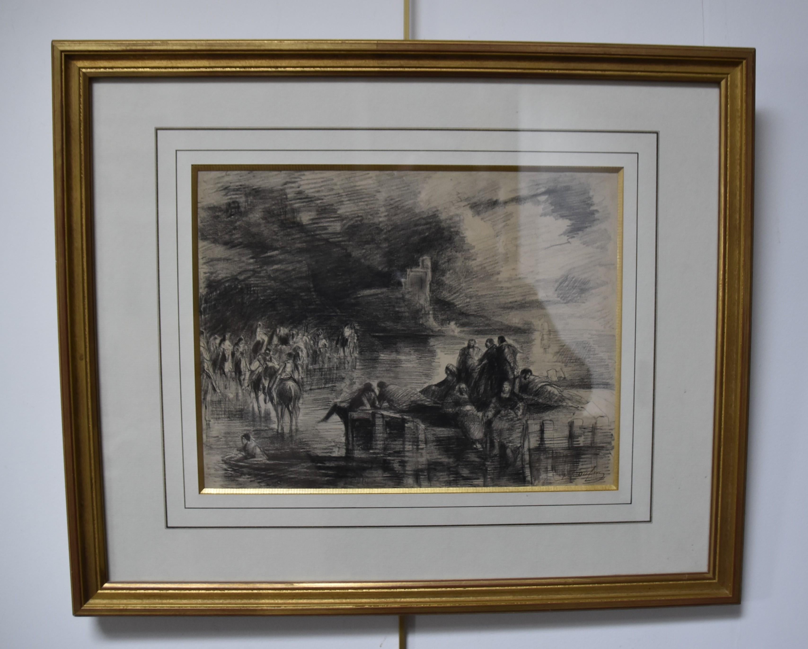 Edouard Dufeu (1836-1900)  Fantastische Szene am See, signierte Zeichnung (Impressionismus), Art, von Edouard-Jacques Dufeu