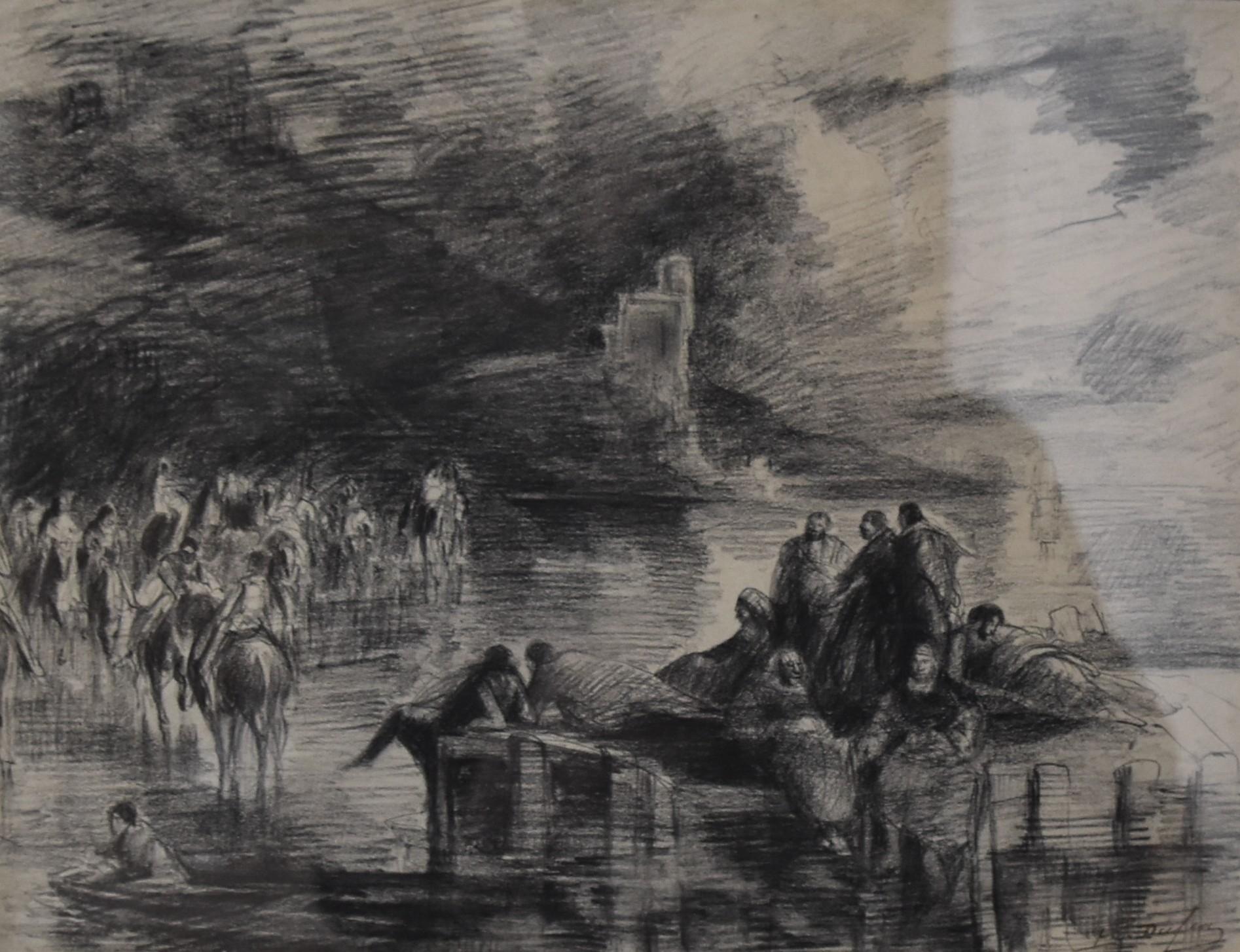 Edouard Dufeu (1836-1900)  A Fantastic scene by a lake, signed drawing - Art by Edouard-Jacques Dufeu