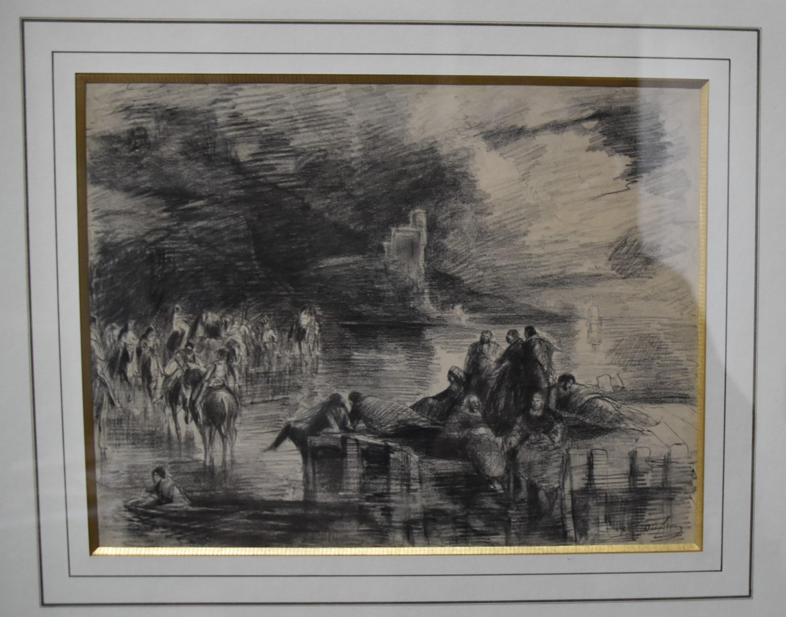 Edouard Dufeu (1836-1900)  
Eine fantastische Szene an einem See
Zeichenkohle auf Papier
Signiert unten rechts
23 x 30,5 cm
Gerahmt unter Glas: 42,5 x 51 cm

Diese phantastische Szene, deren Gegenstand ein Geheimnis bleibt, offenbart einen Aspekt