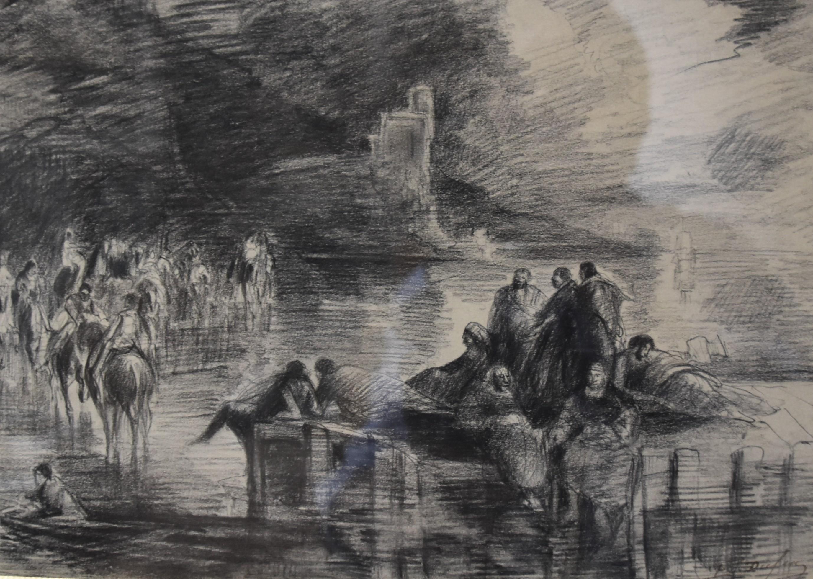 Edouard Dufeu (1836-1900)  A Fantastic scene by a lake, signed drawing For Sale 1