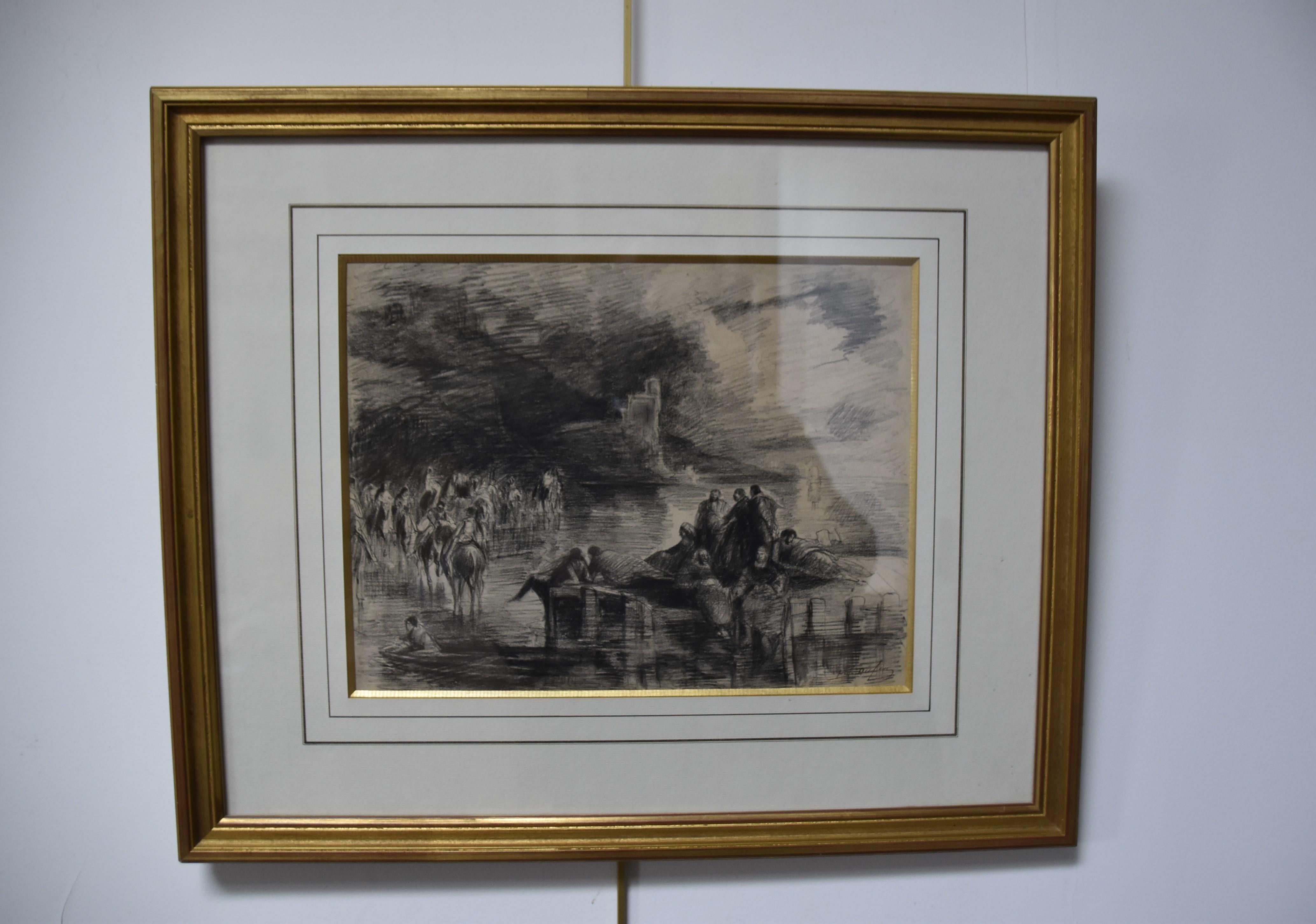 Edouard Dufeu (1836-1900)  
Une scène fantastique au bord d'un lac
Fusain sur papier
Signé en bas à droite
23 x 30,5 cm
Encadré sous verre : 42,5 x 51 cm

Cette scène fantastique, dont le sujet reste mystérieux, révèle un aspect de la personnalité