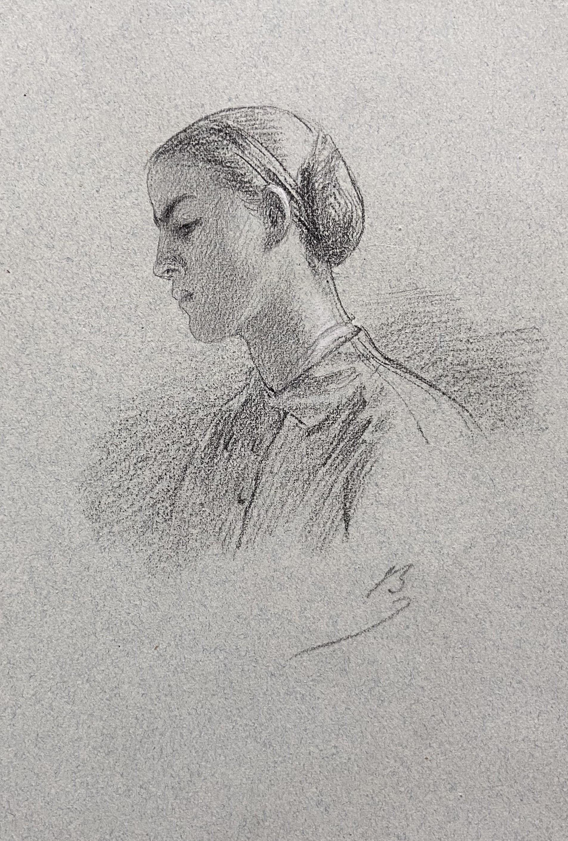 Alexandre Bida (1813-1895)
Une jeune femme de profil
Signé avec le Monogramme en bas à droite
Crayon sur papier gris-bleu
17.7 x 11.5 cm
Encadré : 36,5 x 27 cm

Ce dessin témoigne de la maîtrise technique de Bida en matière de design. Le rendu des