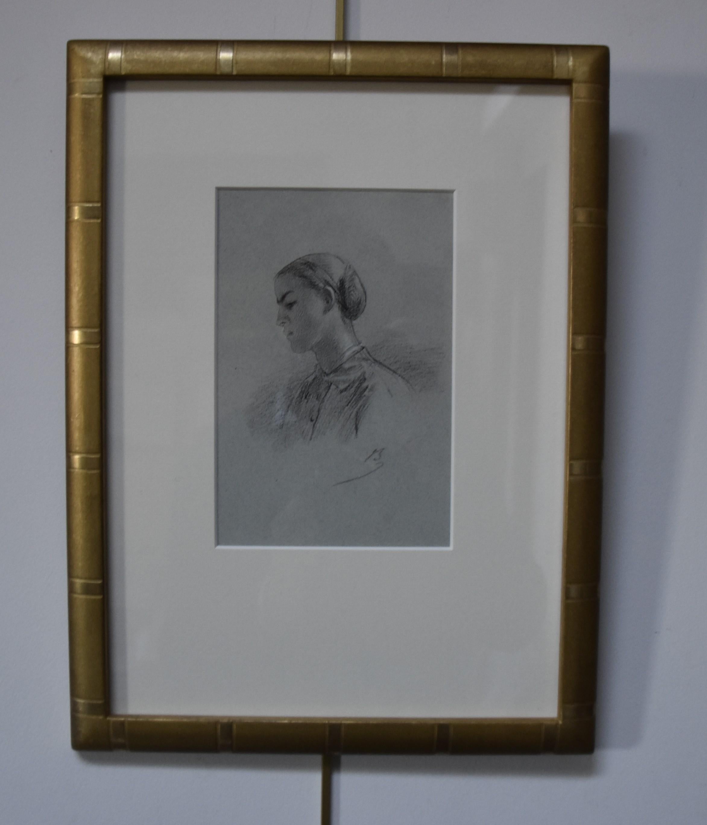 Alexandre Bida (1813-1895) A Young Woman in profile, Signed drawing For Sale 3