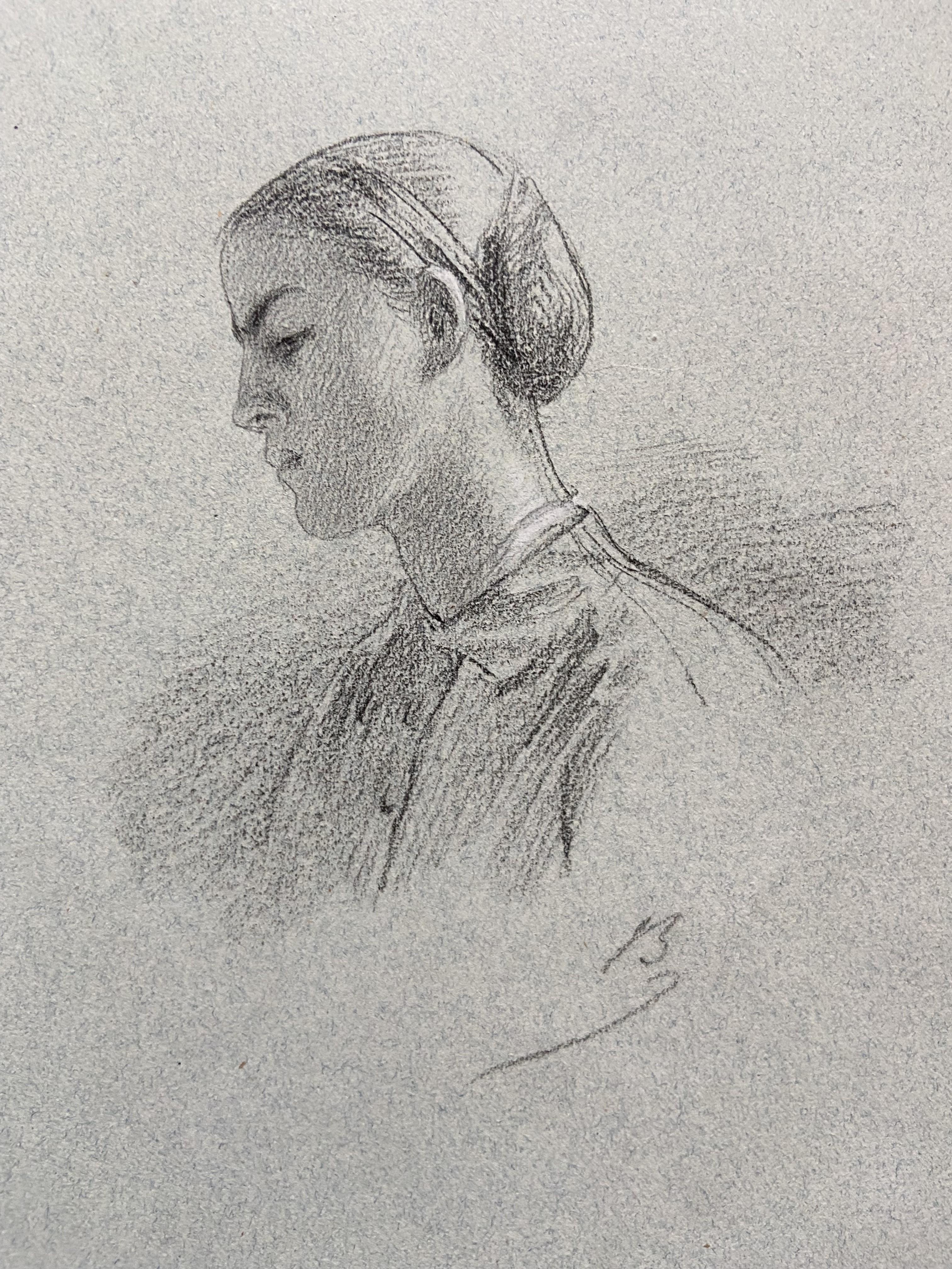 Alexandre Bida (1813-1895) A Young Woman in profile, Signed drawing For Sale 1
