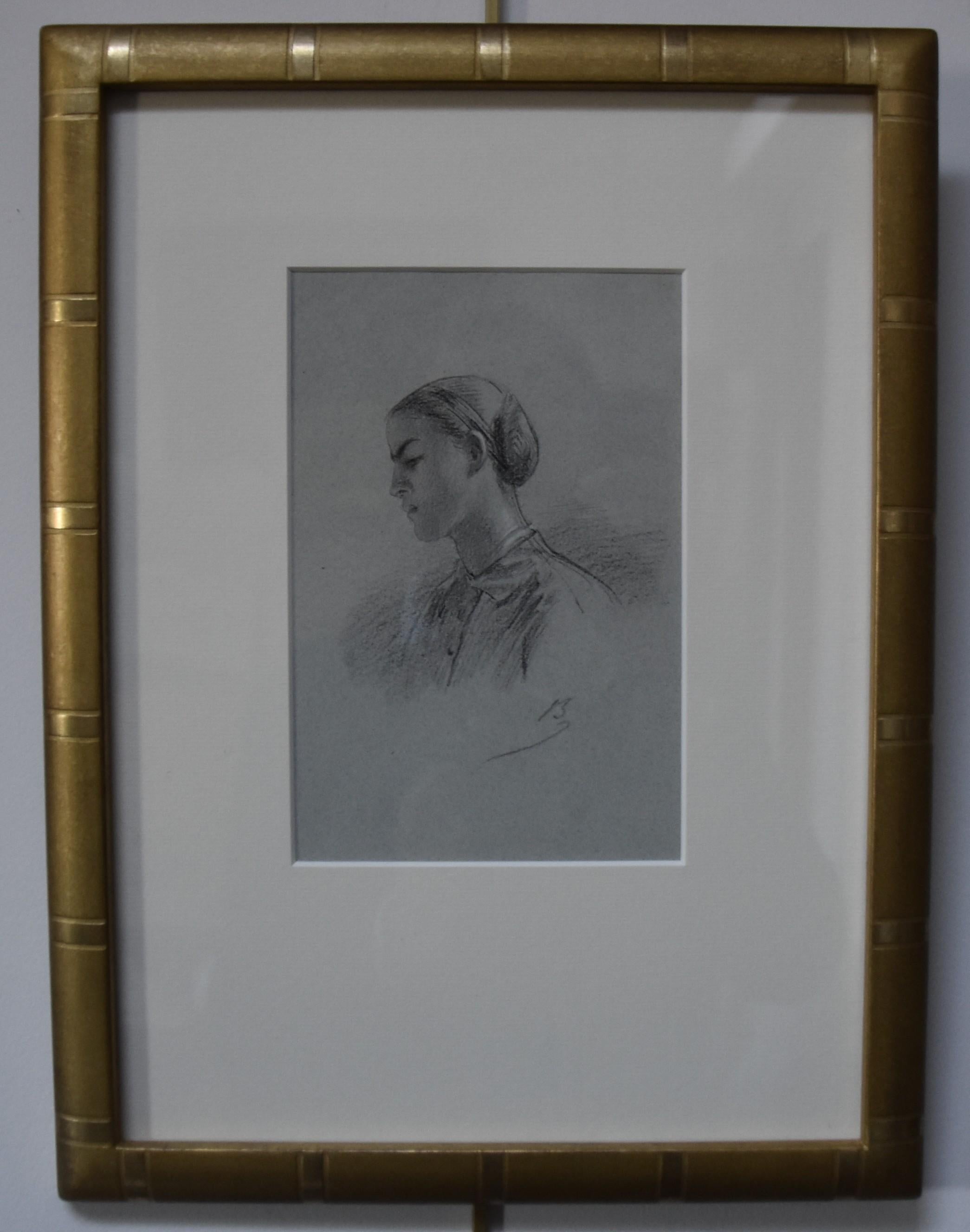 Alexandre Bida (1813-1895) A Young Woman in profile, Signed drawing For Sale 2