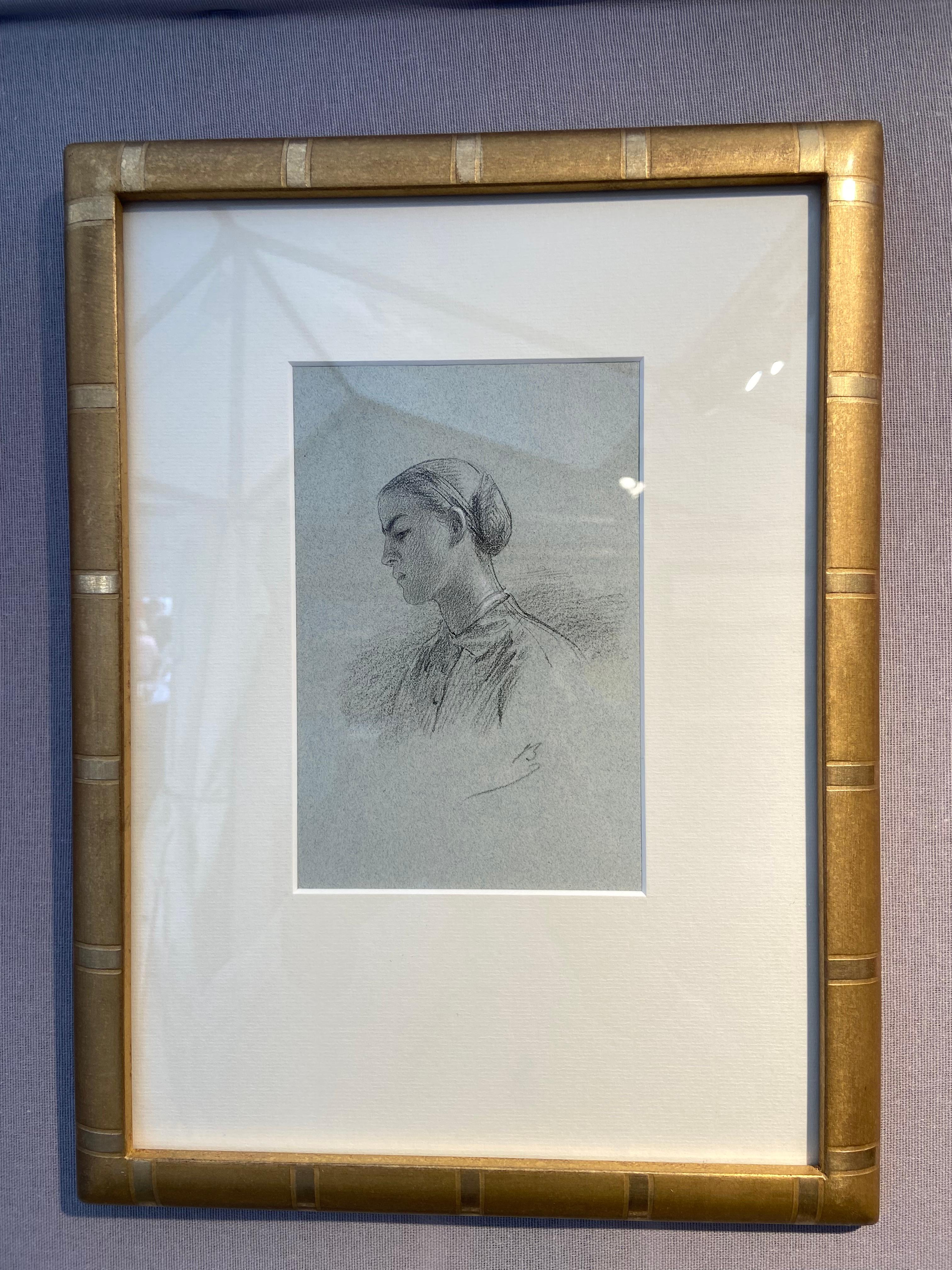 Alexandre Bida (1813-1895)
A Young Woman in Profile
Signed with the monogram lower right
Pencil on grey-blue paper
17.7 x 11.5 cm
Framed : 36.5 x 27 cm

This drawing shows Bida's technical mastery of design. The rendering of shadows and, above all,