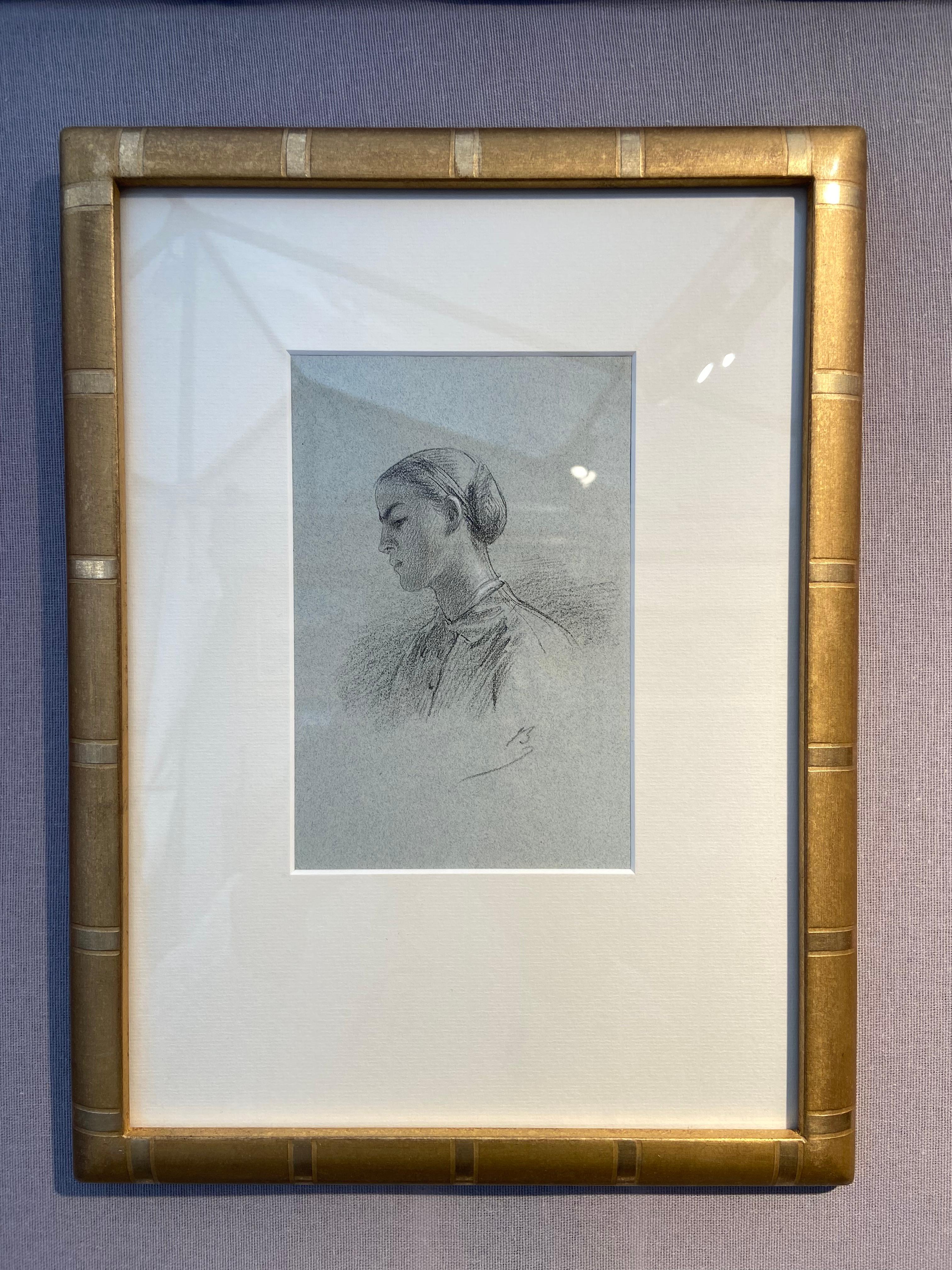 Alexandre Bida (1813-1895) A Young Woman in profile, Signed drawing For Sale 4