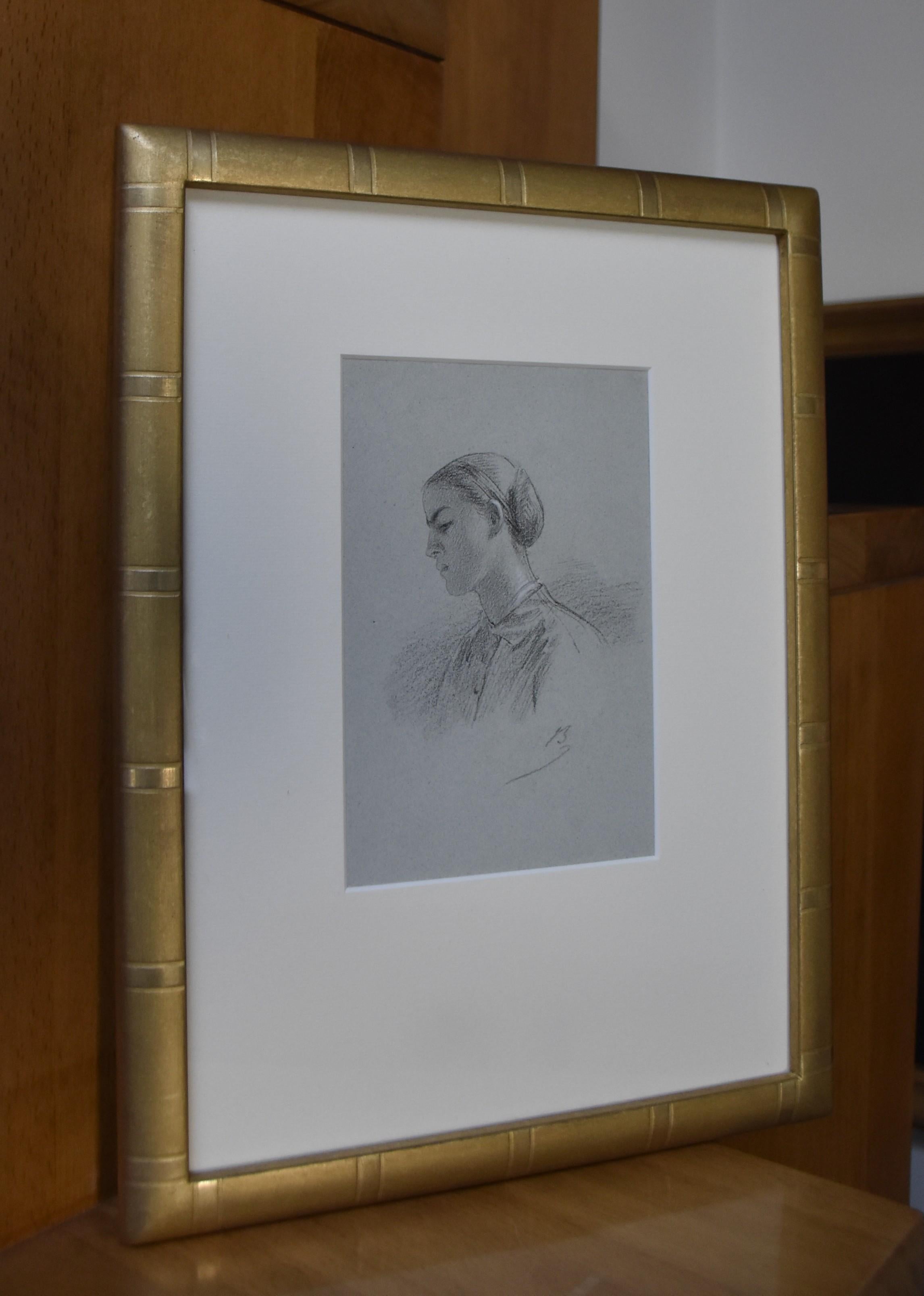 Alexandre Bida (1813-1895) A Young Woman in profile, Signed drawing For Sale 5