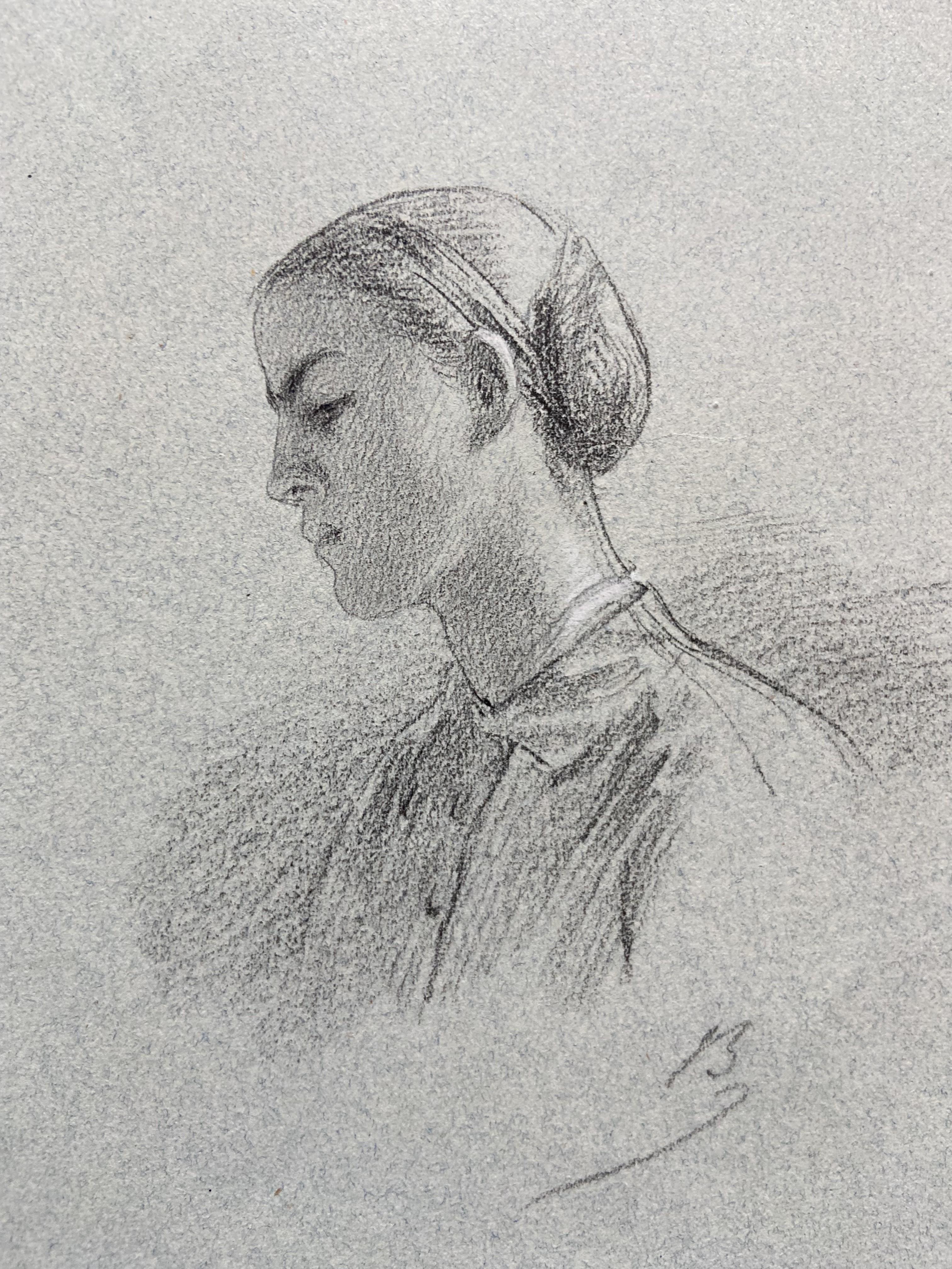 Alexandre Bida (1813-1895) A Young Woman in profile, Signed drawing For Sale 6