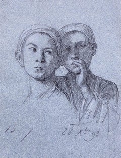 Alexandre Bida (1813-1895), Two Oriental Boys in conversation, signed drawing