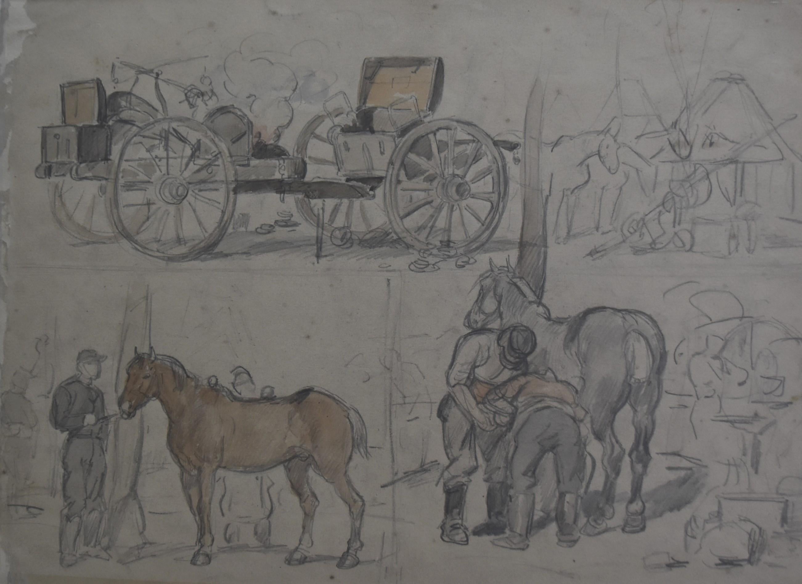 Auguste Gardanne (circa 1840- circa 1890)
Carriages and horses during the franco-prussian war of 1870
Pencil and watercolor on paper
On the reverse Studies of horses
Pencil and watercolor on paper
Mark of the Ullmann Collection (Lugt 3533) on the